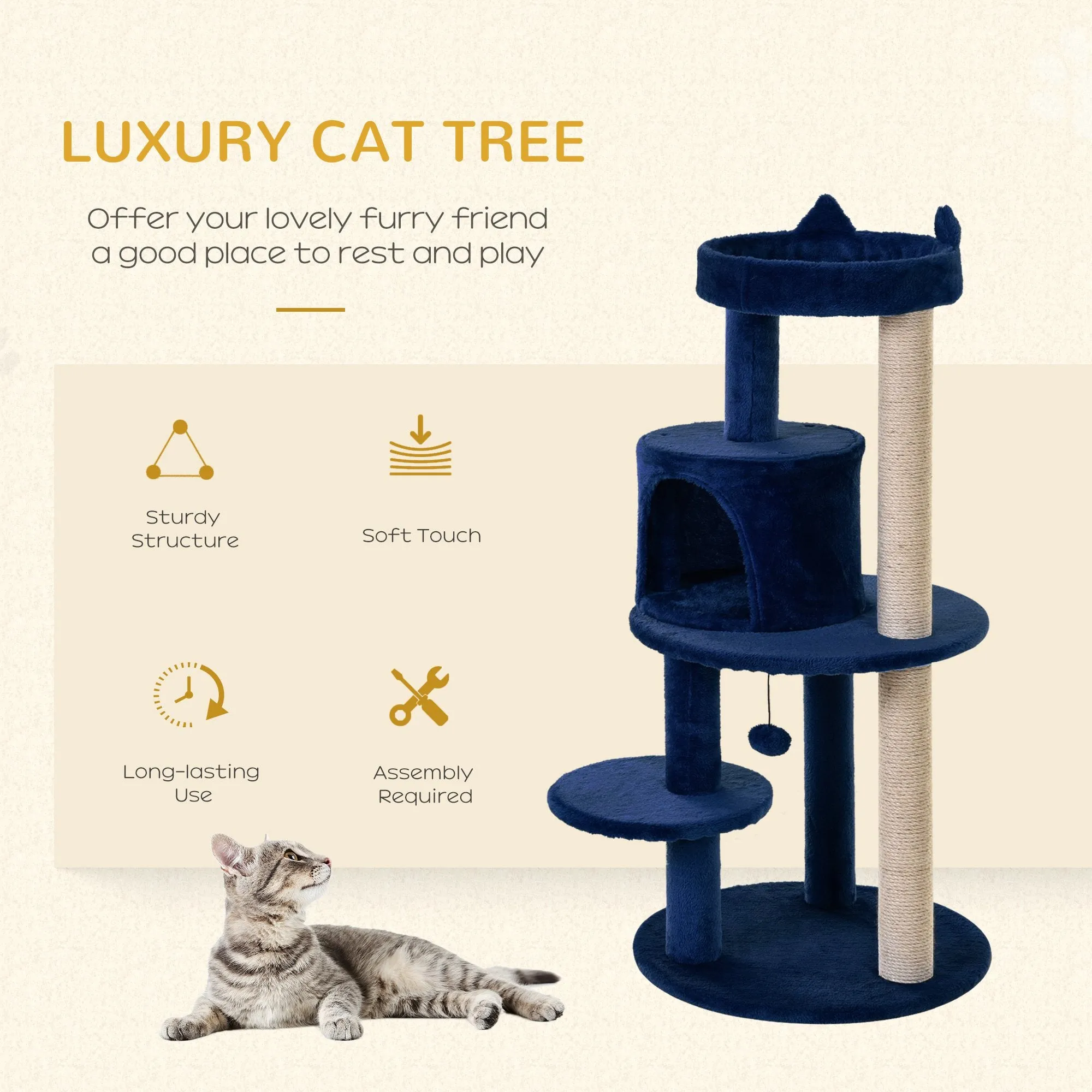 104 cm Cat Tree, Cat Condo Tree Tower, Cat Activity Centre with Scratching Posts, Plush Perches, Hanging Ball - Blue