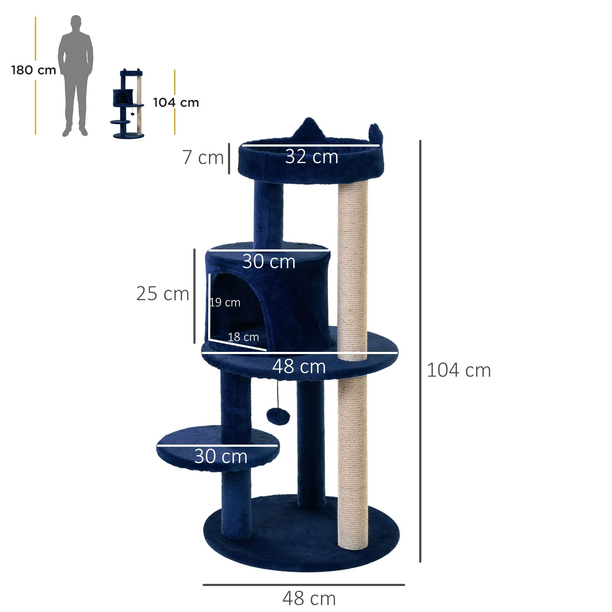 104 cm Cat Tree, Cat Condo Tree Tower, Cat Activity Centre with Scratching Posts, Plush Perches, Hanging Ball - Blue