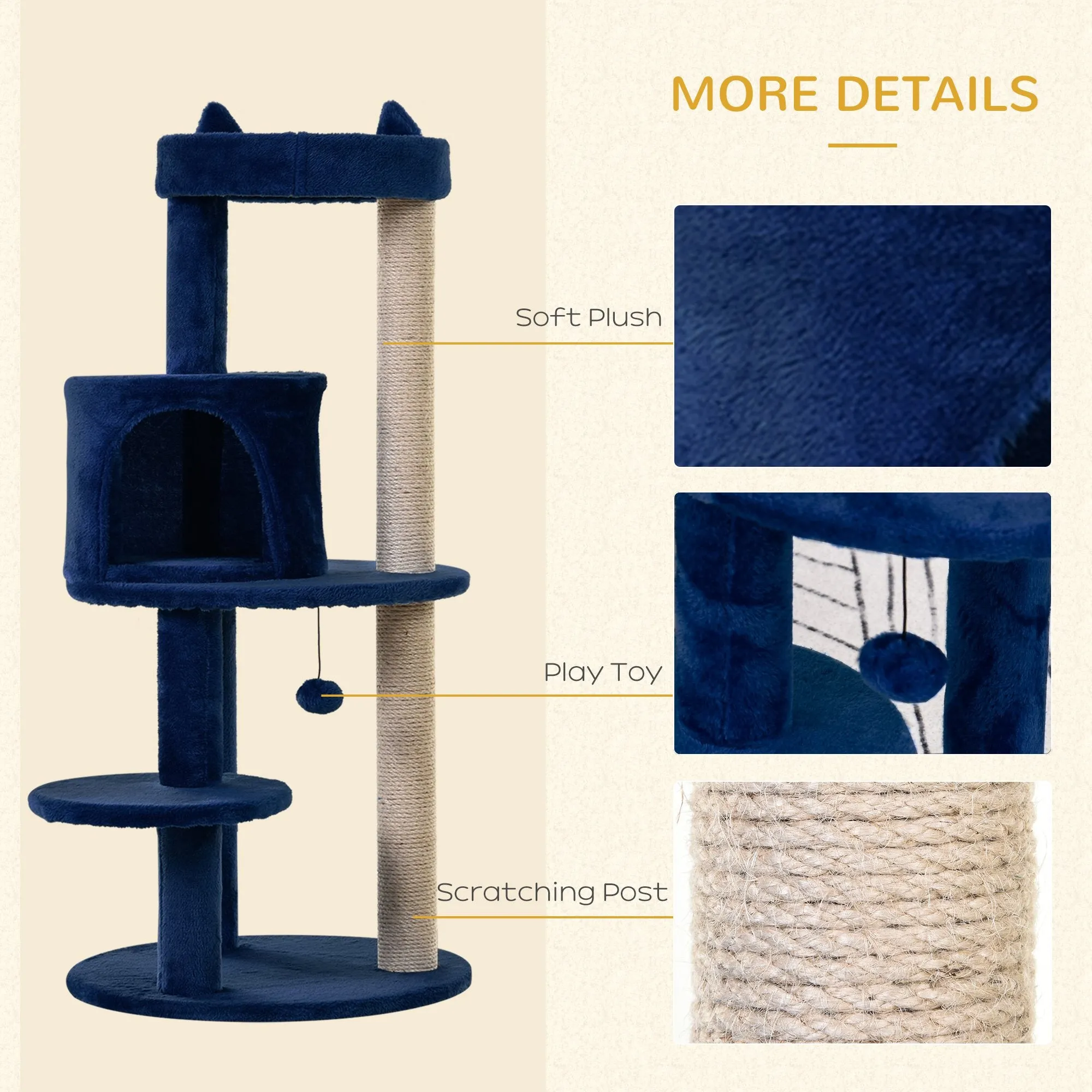 104 cm Cat Tree, Cat Condo Tree Tower, Cat Activity Centre with Scratching Posts, Plush Perches, Hanging Ball - Blue