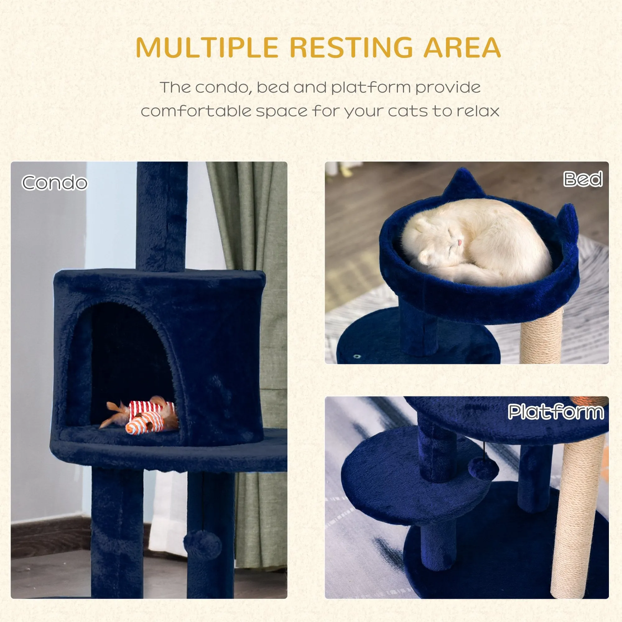 104 cm Cat Tree, Cat Condo Tree Tower, Cat Activity Centre with Scratching Posts, Plush Perches, Hanging Ball - Blue