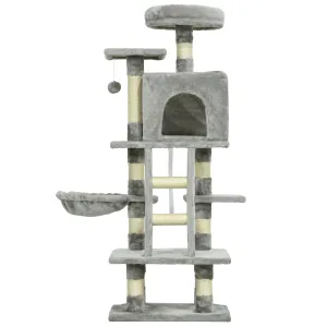 132cm Cat Tree with Scratching Post House Hammock Grey