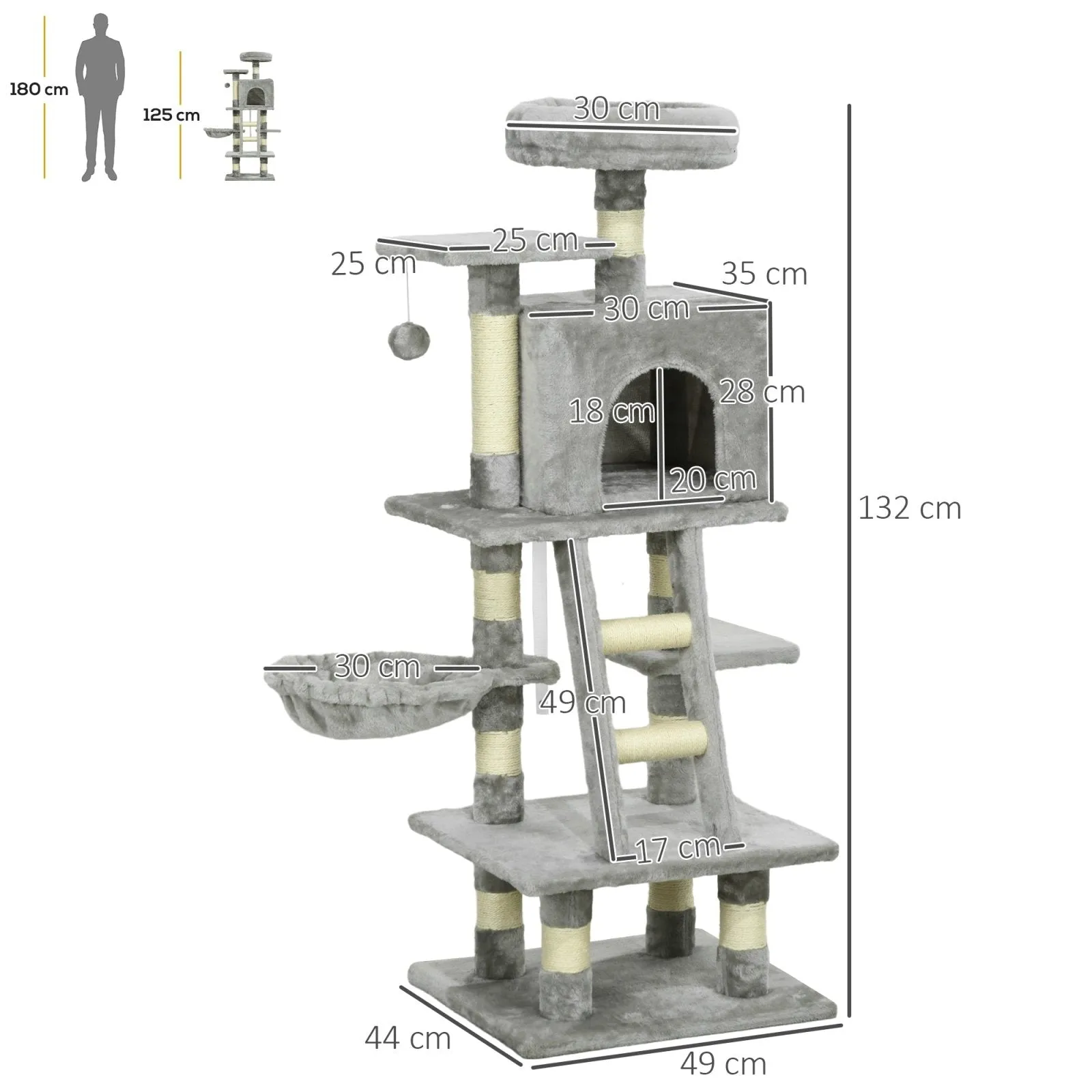 132cm Cat Tree with Scratching Post House Hammock Grey