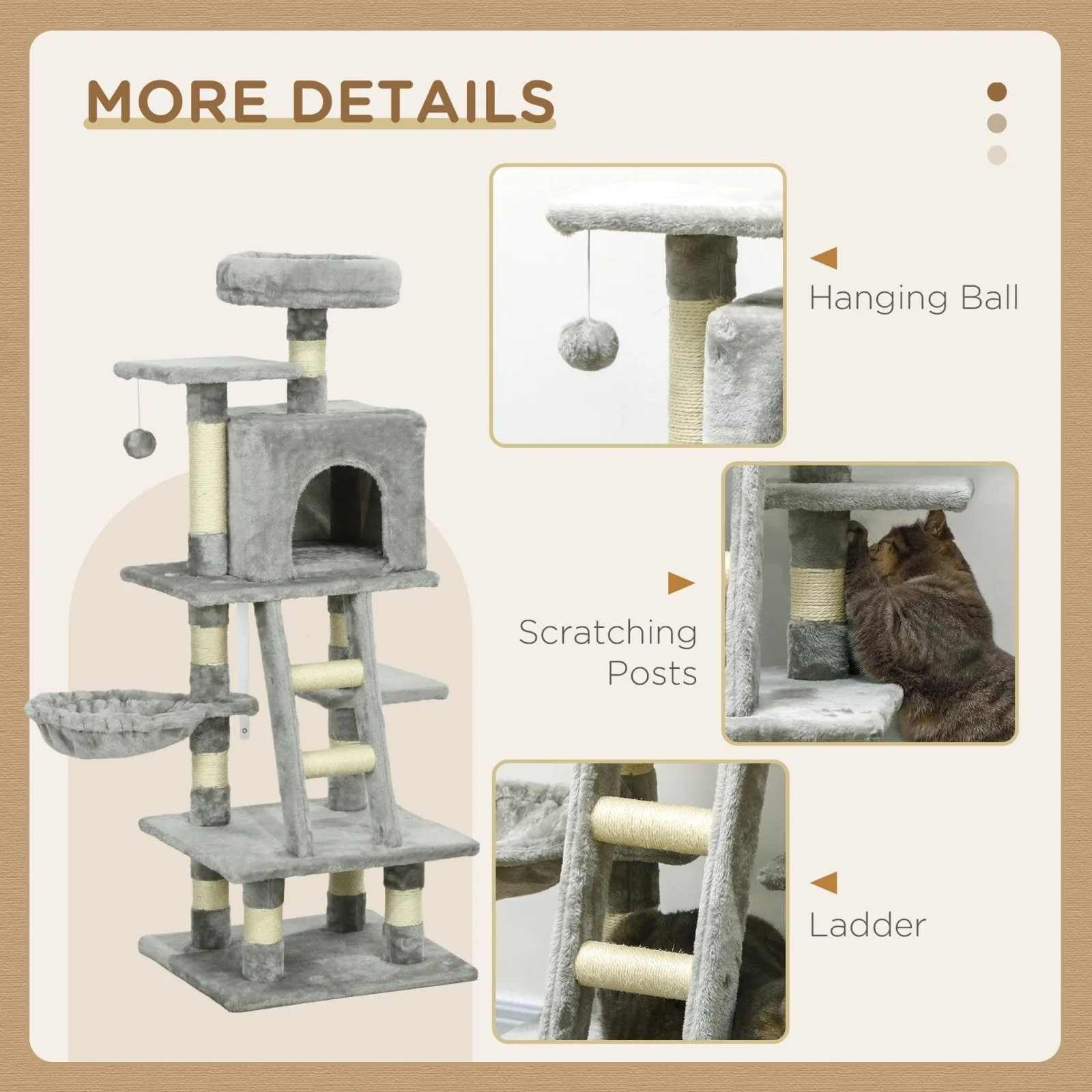 132cm Cat Tree with Scratching Post House Hammock Grey