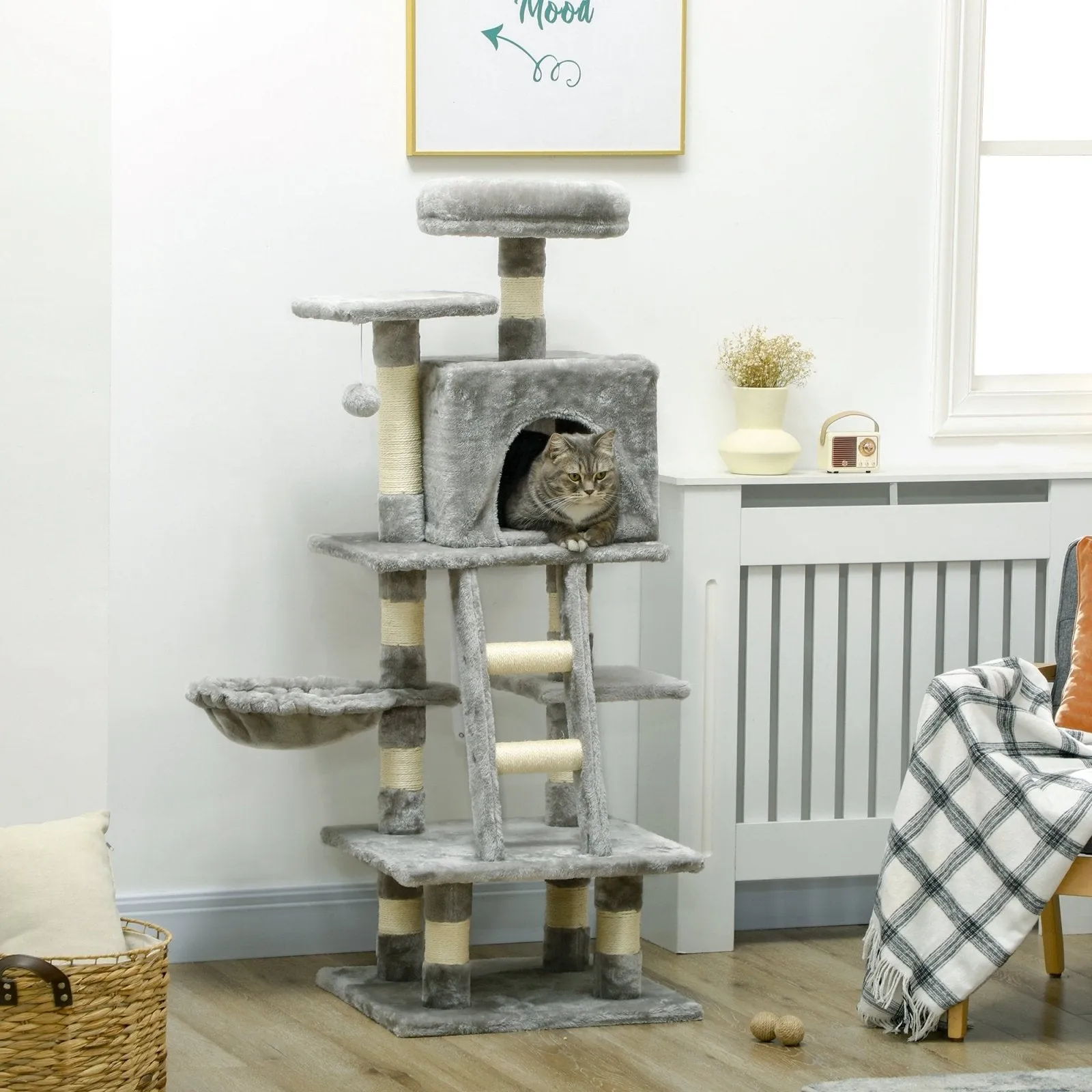 132cm Cat Tree with Scratching Post House Hammock Grey