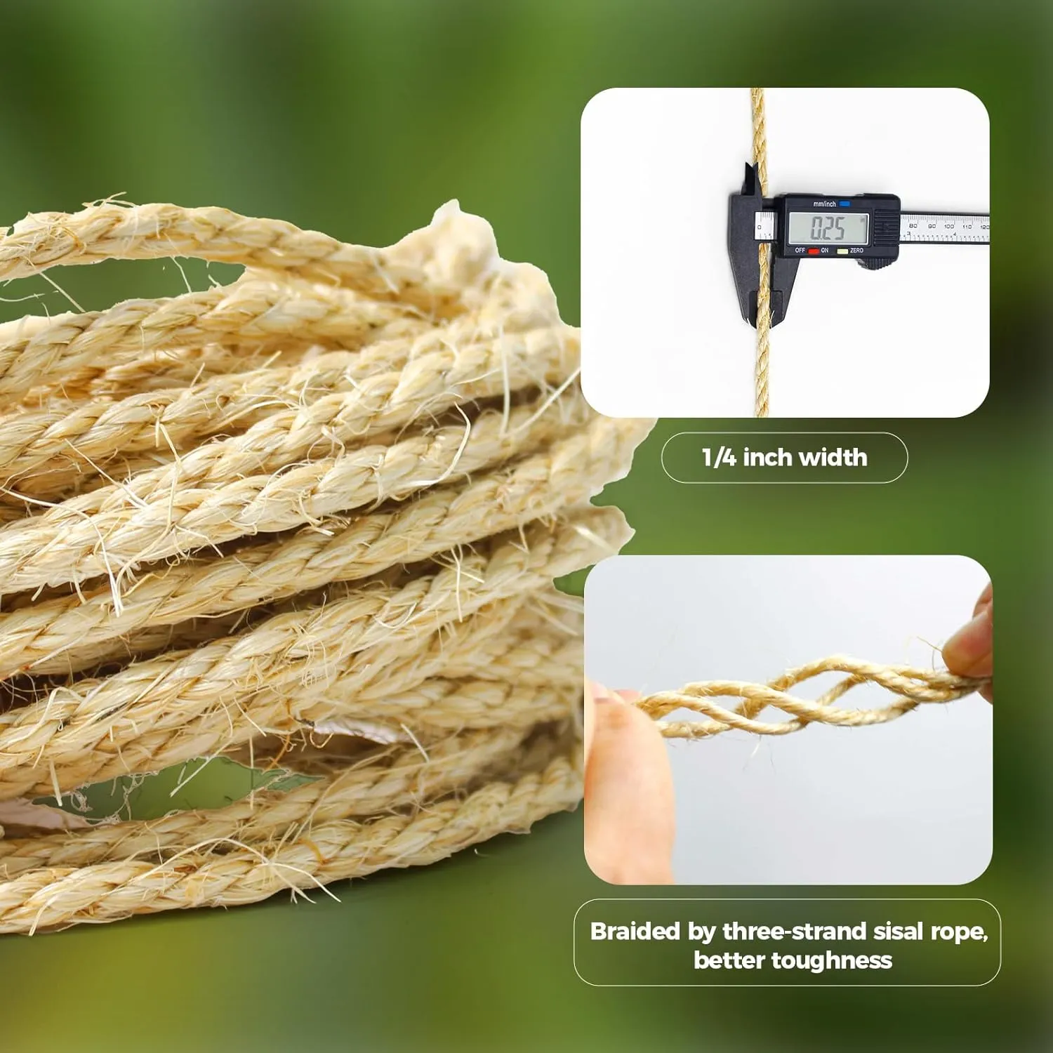 1/4 Inch Natural Sisal Rope for Cat Scratching Posts, 50FT Abrasion Resistance Rope, Multipurpose for Cat Tree Repair, DIY Projects, Furniture Wrapping, Indoor/Outdoor Use