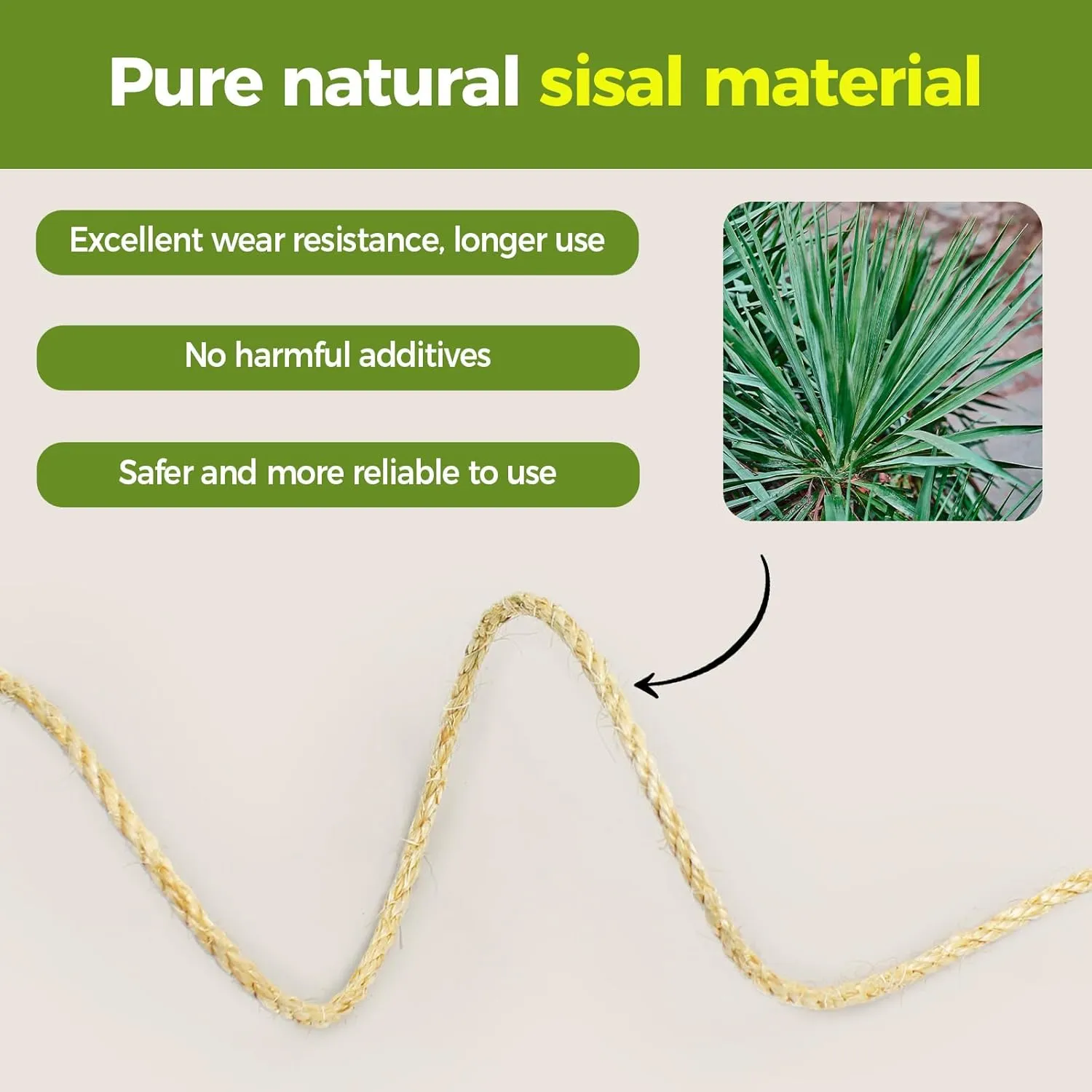 1/4 Inch Natural Sisal Rope for Cat Scratching Posts, 50FT Abrasion Resistance Rope, Multipurpose for Cat Tree Repair, DIY Projects, Furniture Wrapping, Indoor/Outdoor Use