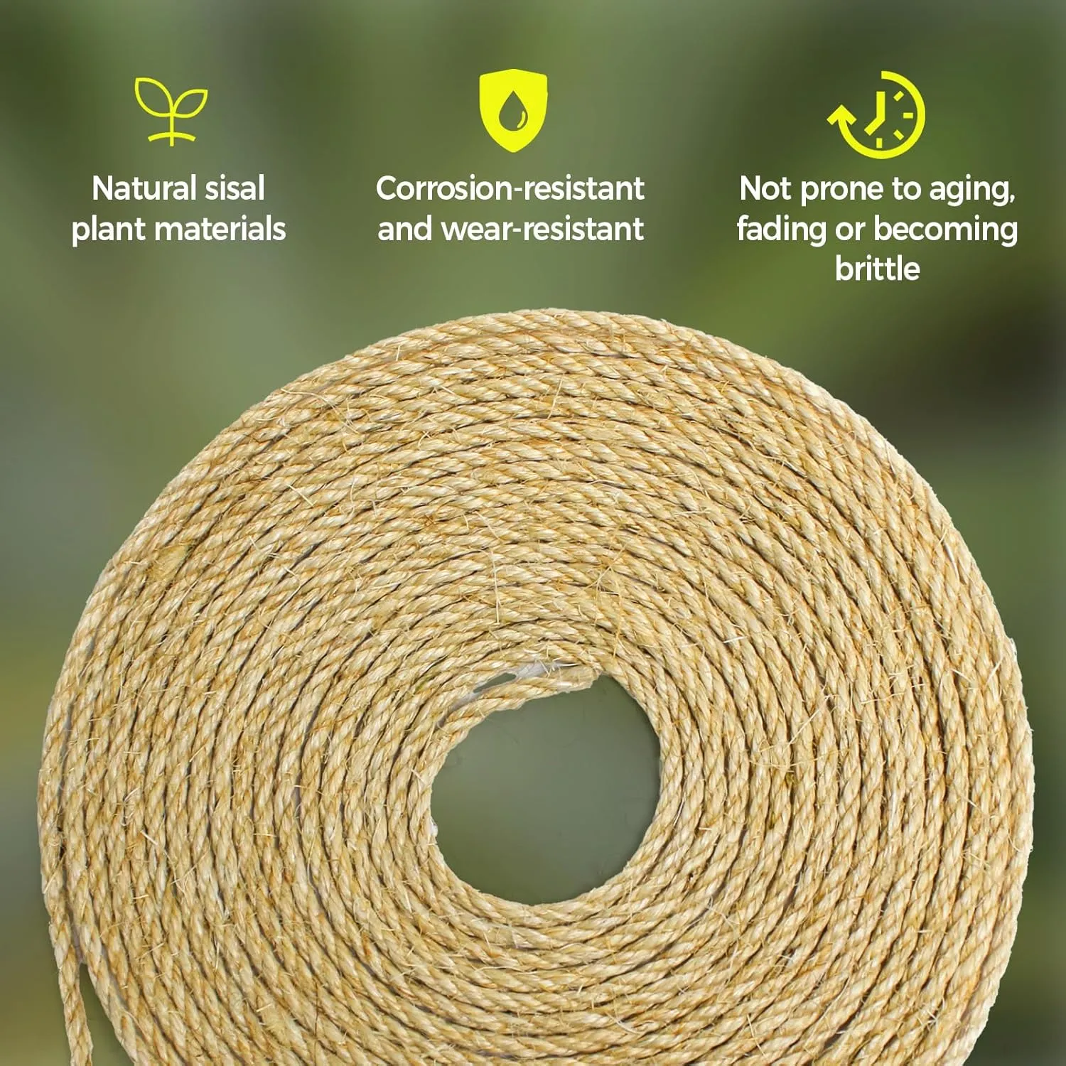 1/4 Inch Natural Sisal Rope for Cat Scratching Posts, 50FT Abrasion Resistance Rope, Multipurpose for Cat Tree Repair, DIY Projects, Furniture Wrapping, Indoor/Outdoor Use