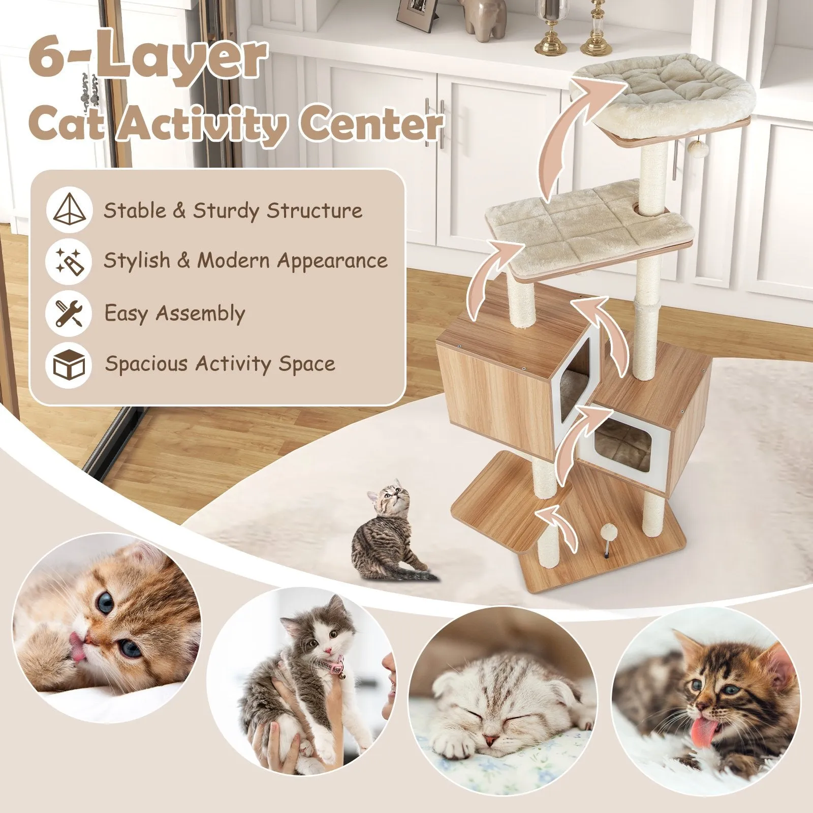 163 CM Tall Modern Wooden Cat Tree with Sisal Scratching Posts and Washable Cushions-Natrual