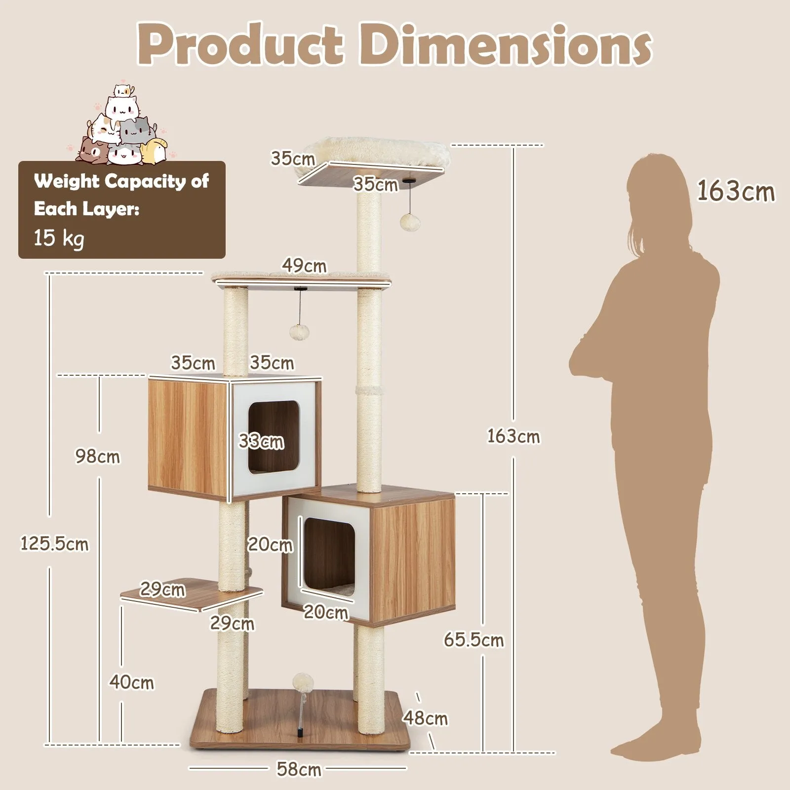 163 CM Tall Modern Wooden Cat Tree with Sisal Scratching Posts and Washable Cushions-Natrual