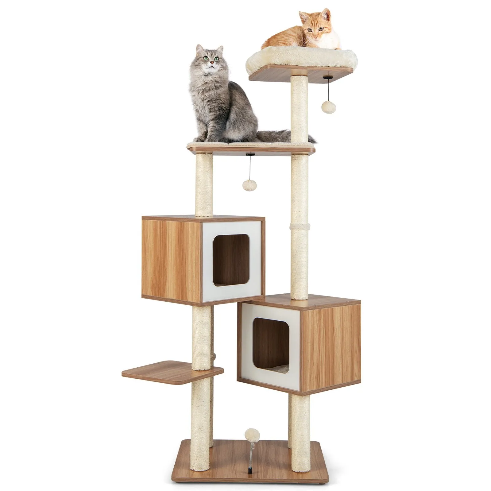 163 CM Tall Modern Wooden Cat Tree with Sisal Scratching Posts and Washable Cushions-Natrual