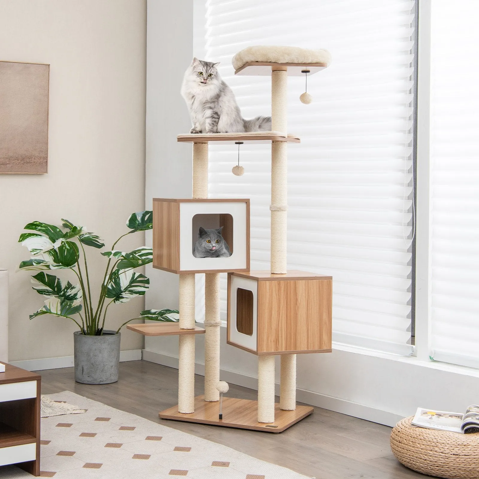 163 CM Tall Modern Wooden Cat Tree with Sisal Scratching Posts and Washable Cushions-Natrual