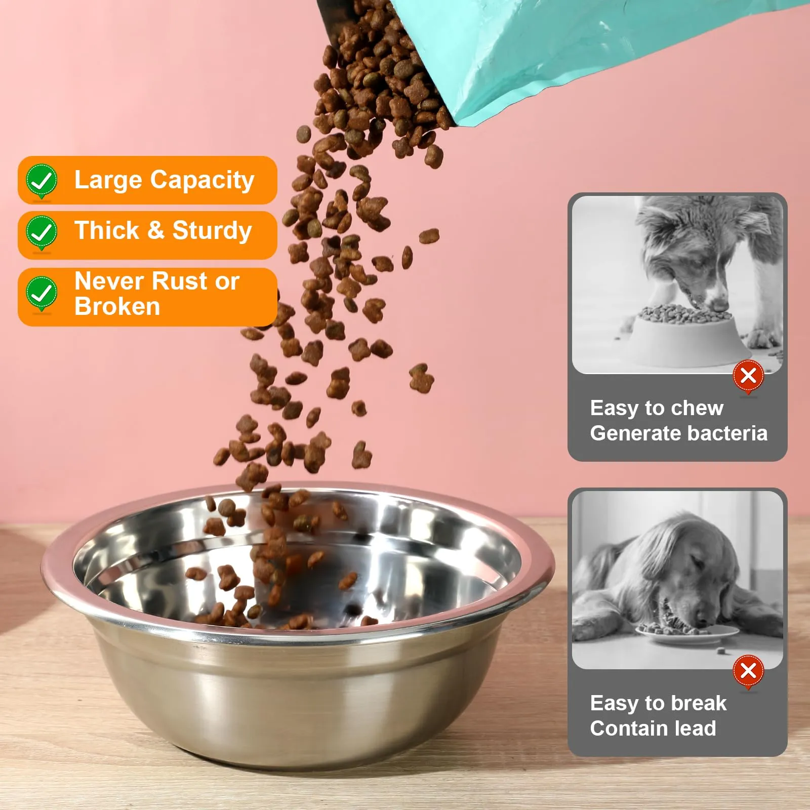 2 Pack 6 Cups 8" Stainless Steel Dog Bowls 50oz Thickened Durable Replacement Dog Food Bowls for Food and Water, Fit for COMESOON Dog Bowl Stand DB-B01/DB-B03 Replacement Bowls x2