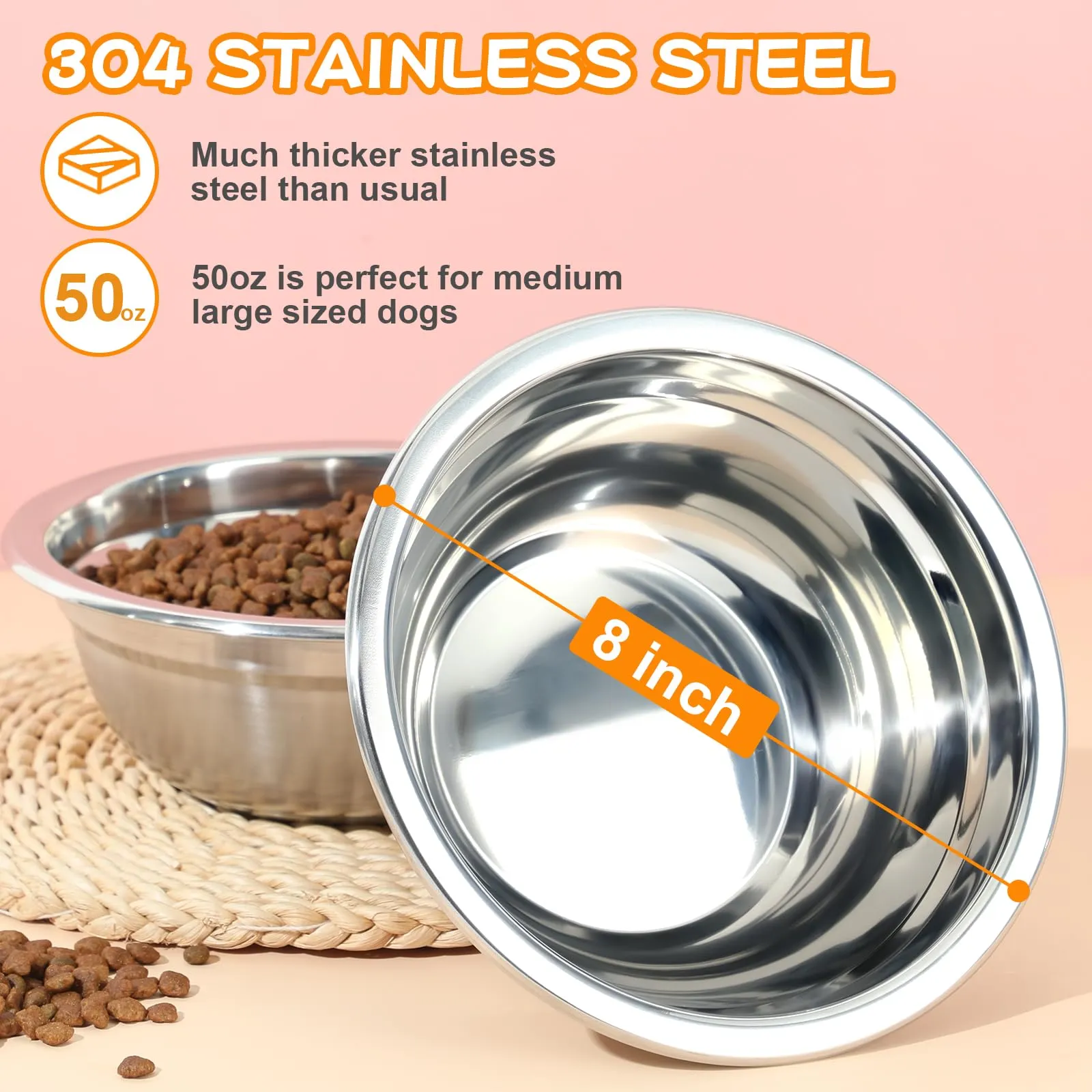2 Pack 6 Cups 8" Stainless Steel Dog Bowls 50oz Thickened Durable Replacement Dog Food Bowls for Food and Water, Fit for COMESOON Dog Bowl Stand DB-B01/DB-B03 Replacement Bowls x2