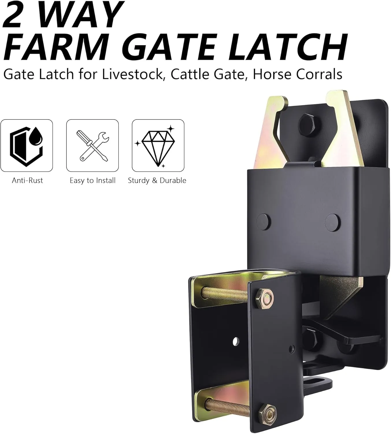 2-Way Heavy Duty Farm Gate Latch - Lockable Fence Gate Latch for Metal Tube Gates, Livestock Cattle, Horse Corrals, Ranches, Pastures, Pet Cages & Fences (Screws & Instructions Included)