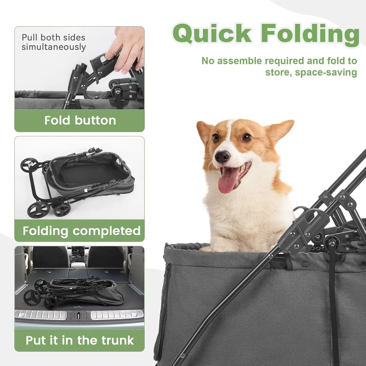 20% Larger Capacity, Wedyvko Dog Stroller for Medium/Small Pets w/Dog Poop Bags & Dispenser, Storage Pouch, Zipperless, Entry in/Out Easy (Grey)