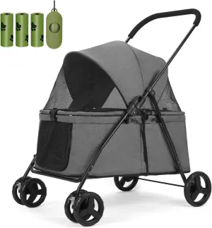 20% Larger Capacity, Wedyvko Dog Stroller for Medium/Small Pets w/Dog Poop Bags & Dispenser, Storage Pouch, Zipperless, Entry in/Out Easy (Grey)