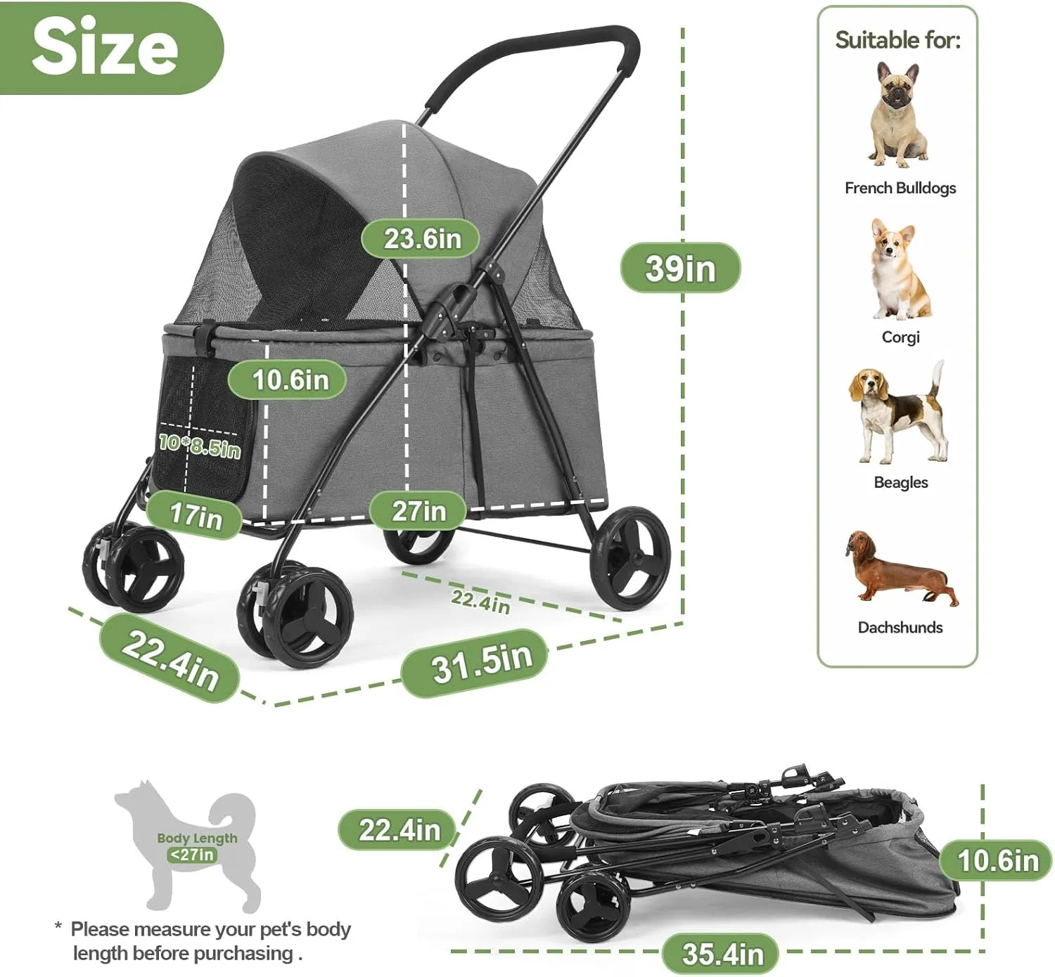 20% Larger Capacity, Wedyvko Dog Stroller for Medium/Small Pets w/Dog Poop Bags & Dispenser, Storage Pouch, Zipperless, Entry in/Out Easy (Grey)