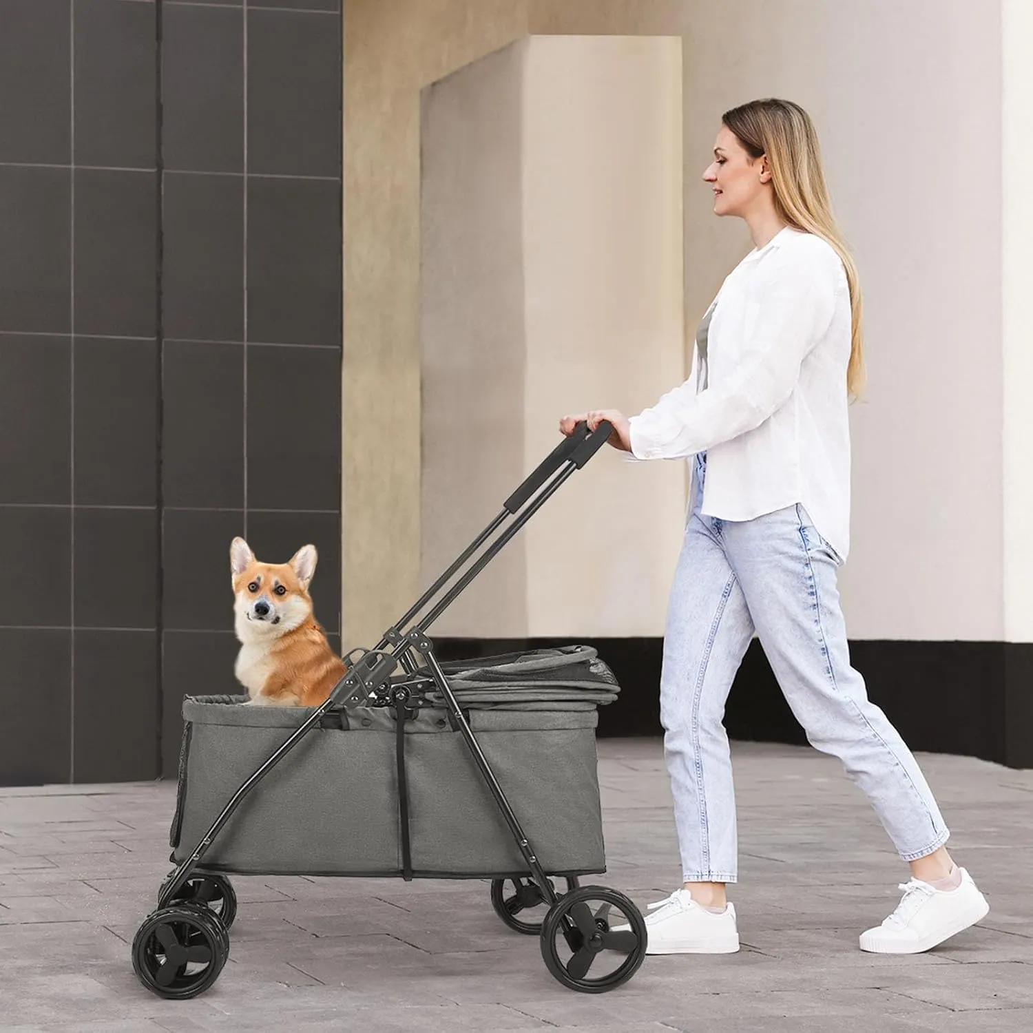 20% Larger Capacity, Wedyvko Dog Stroller for Medium/Small Pets w/Dog Poop Bags & Dispenser, Storage Pouch, Zipperless, Entry in/Out Easy (Grey)