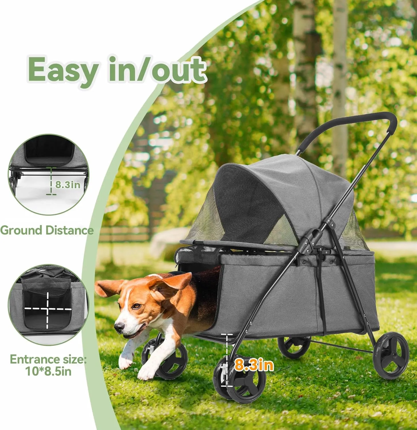 20% Larger Capacity, Wedyvko Dog Stroller for Medium/Small Pets w/Dog Poop Bags & Dispenser, Storage Pouch, Zipperless, Entry in/Out Easy (Grey)