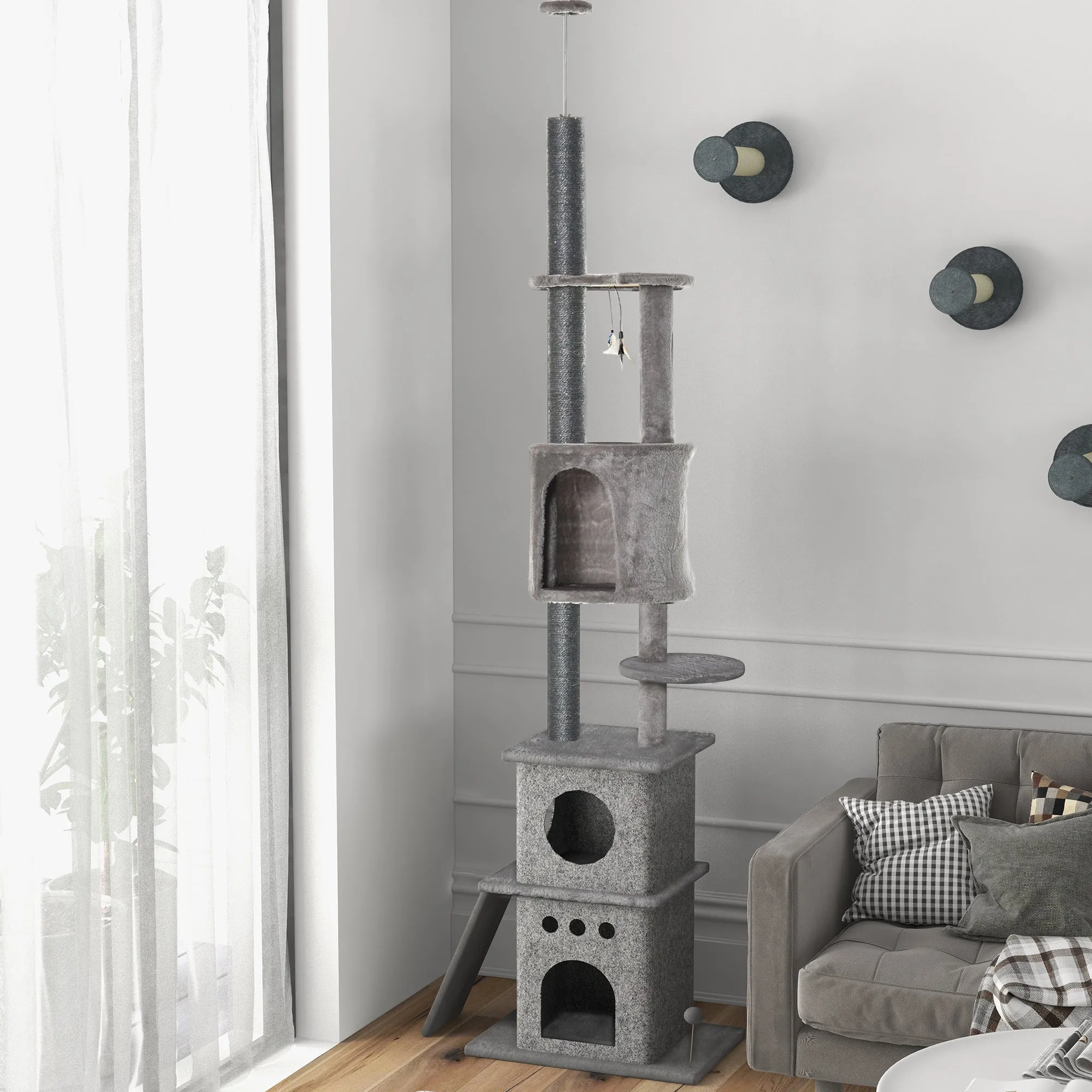 255cm Floor To Ceiling Cat Tree for Indoor Cats Climber Scratching Post Adjustable Height Play Tower Removable Cover Grey