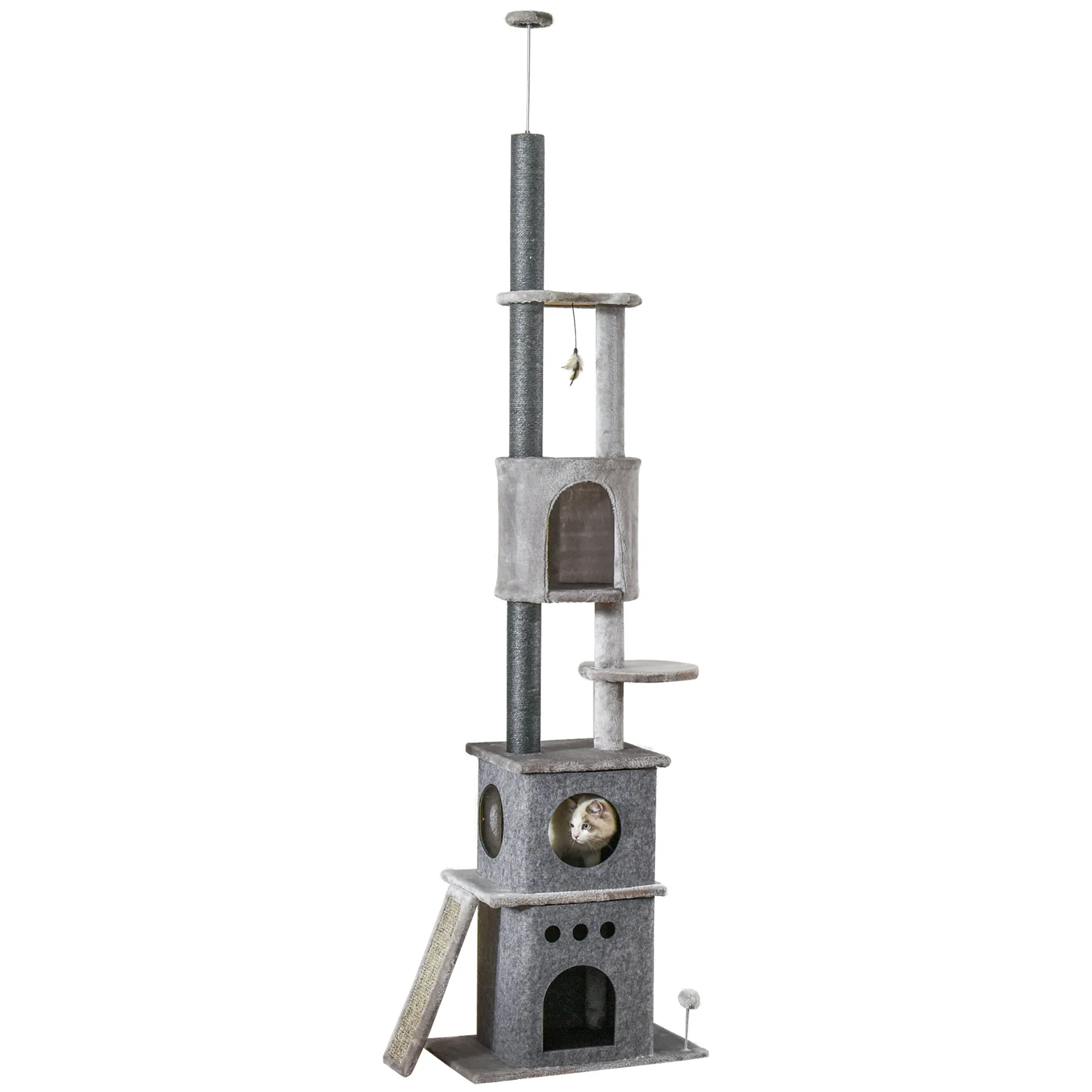 255cm Floor To Ceiling Cat Tree for Indoor Cats Climber Scratching Post Adjustable Height Play Tower Removable Cover Grey