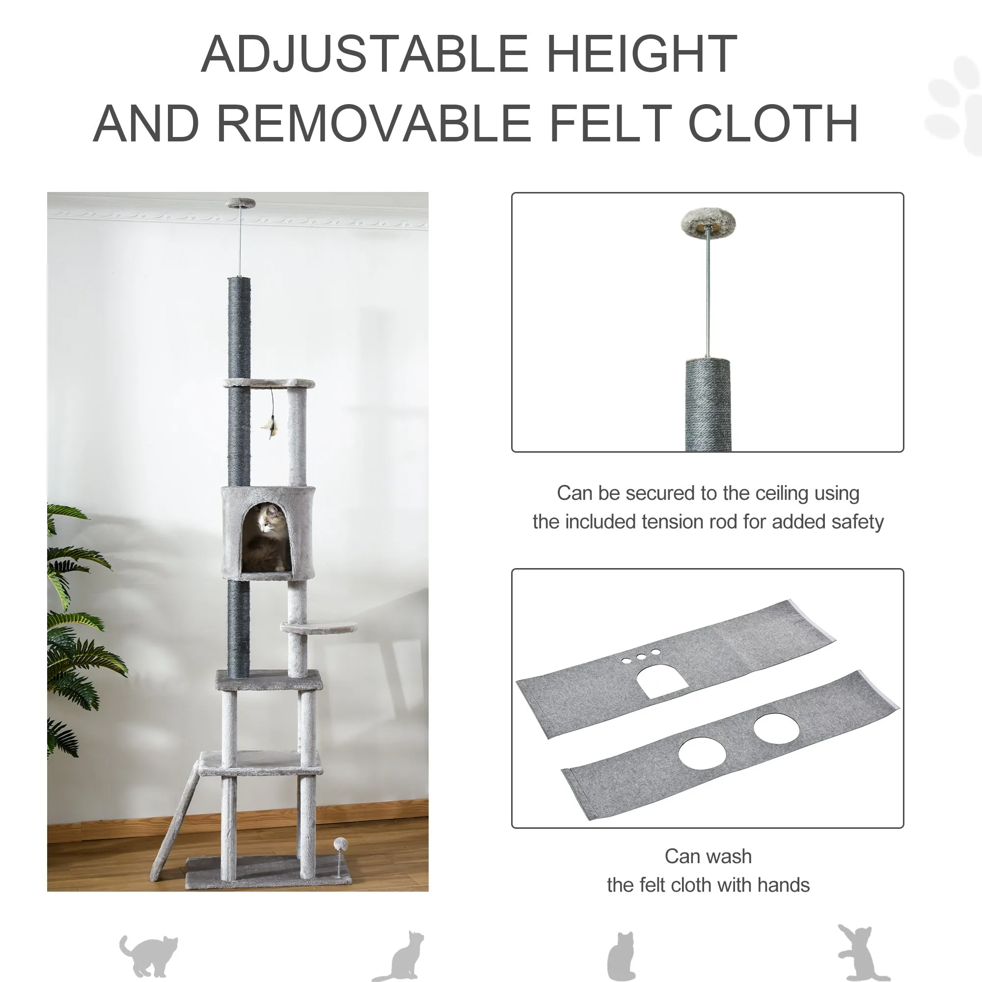 255cm Floor To Ceiling Cat Tree for Indoor Cats Climber Scratching Post Adjustable Height Play Tower Removable Cover Grey