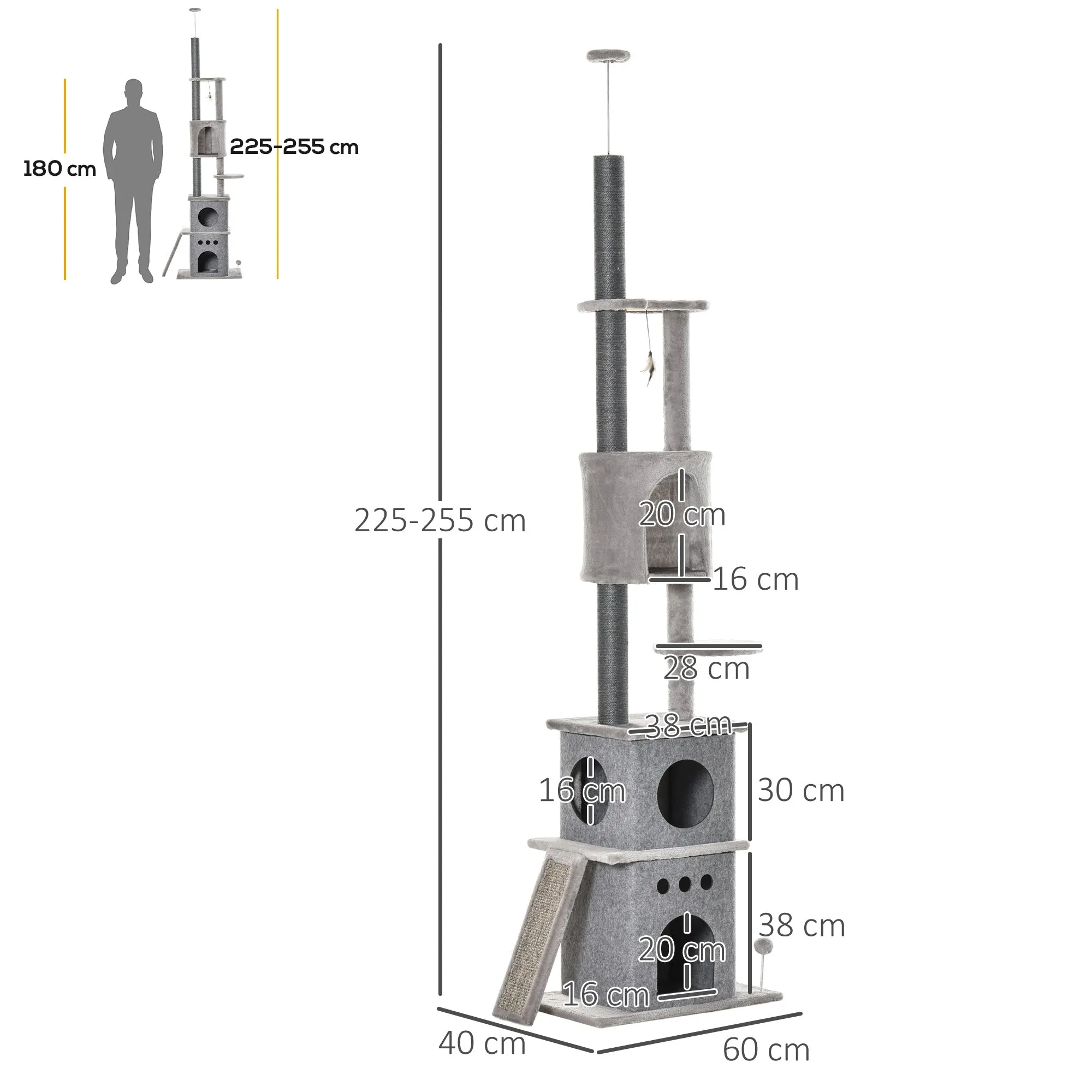 255cm Floor To Ceiling Cat Tree for Indoor Cats Climber Scratching Post Adjustable Height Play Tower Removable Cover Grey