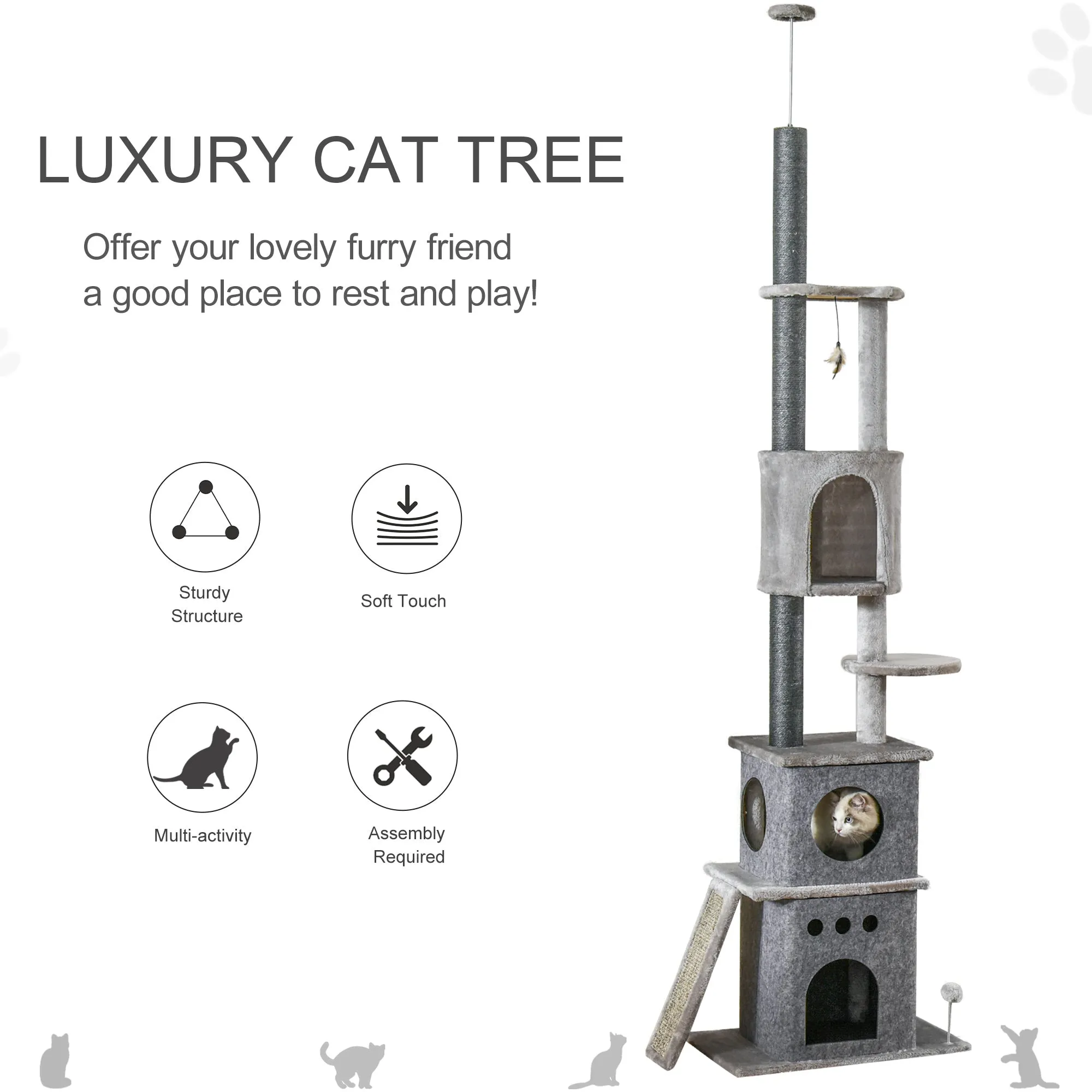 255cm Floor To Ceiling Cat Tree for Indoor Cats Climber Scratching Post Adjustable Height Play Tower Removable Cover Grey