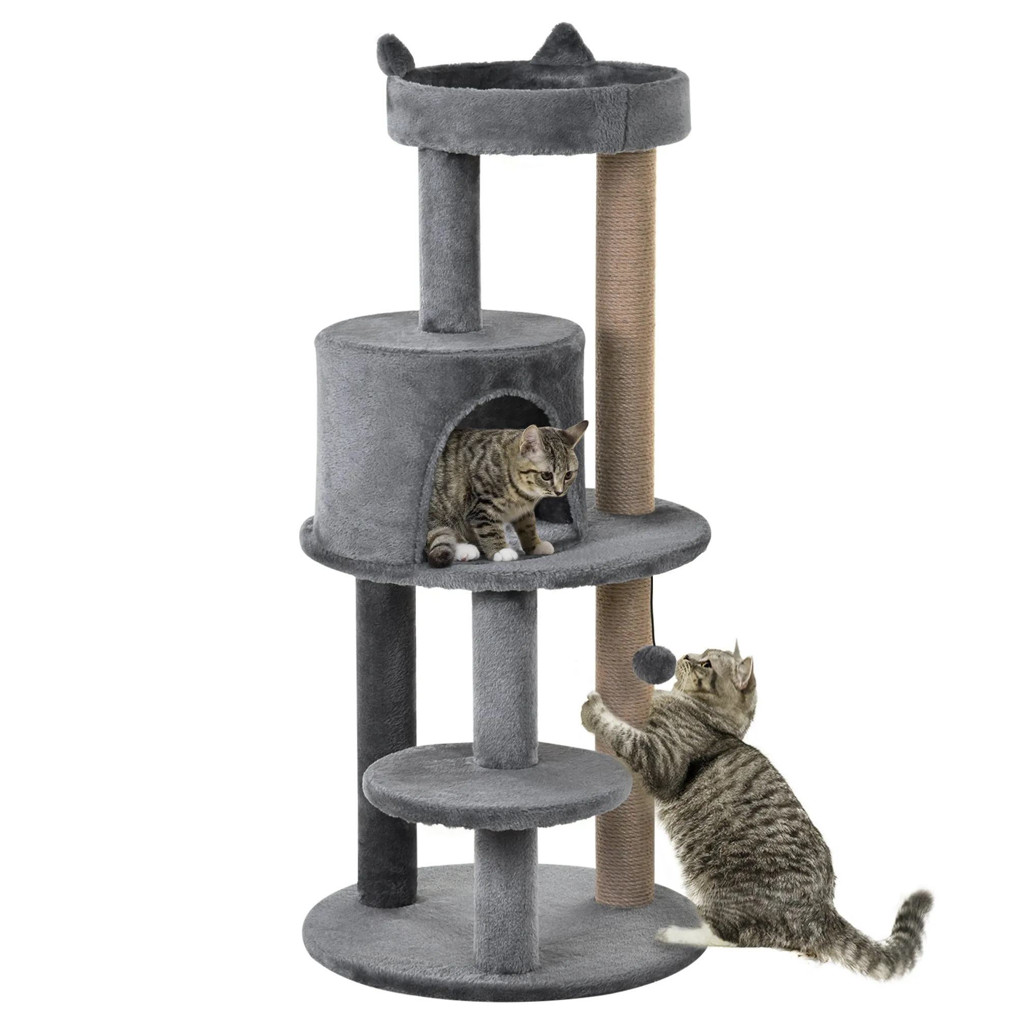 3-Tier 104 cm Cat Tree Cat Condo Tree Tower Deluxe Cat Activity TreeWith Scratching Posts Play Ball Plush Fun Toy Relax Climb Grey