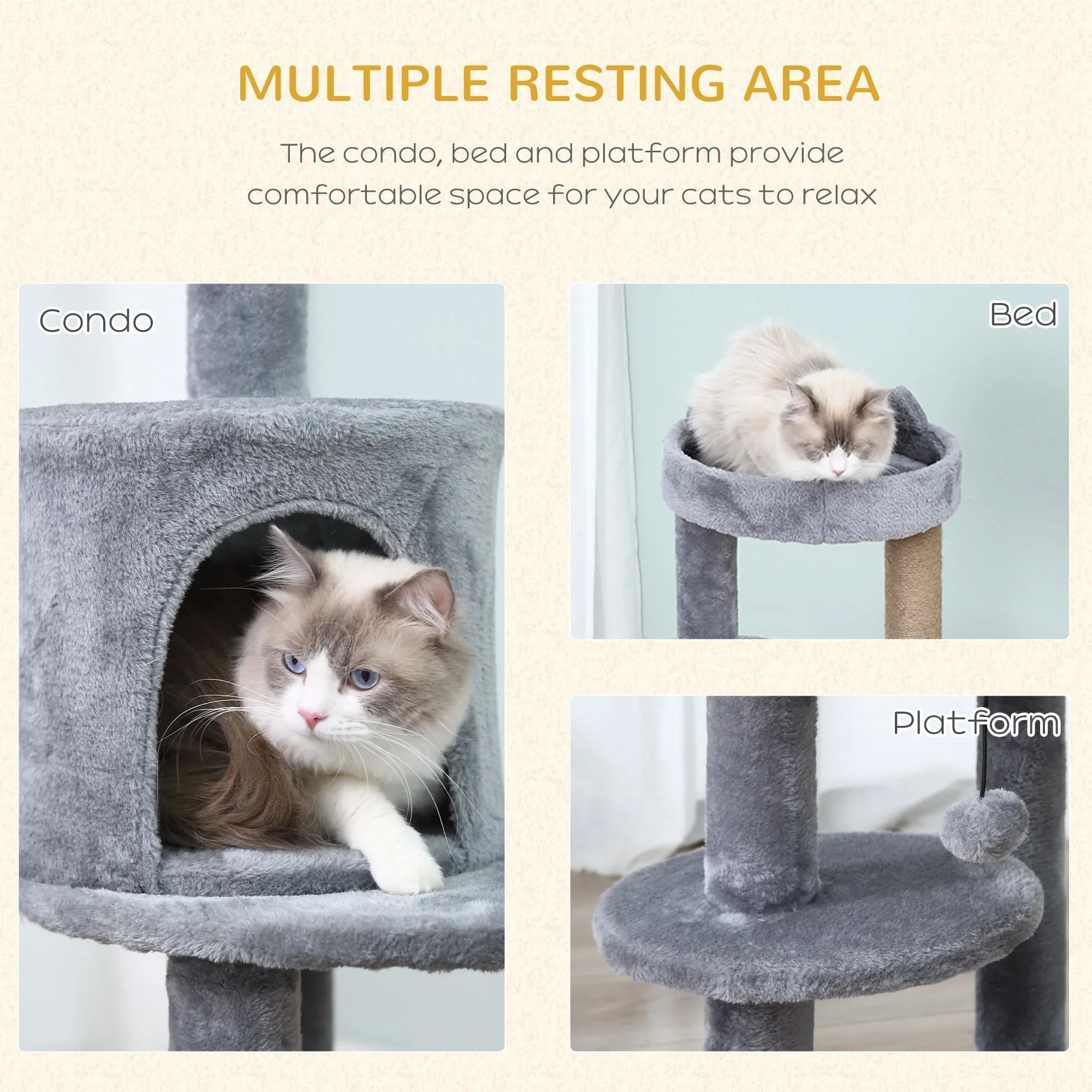 3-Tier 104 cm Cat Tree Cat Condo Tree Tower Deluxe Cat Activity TreeWith Scratching Posts Play Ball Plush Fun Toy Relax Climb Grey