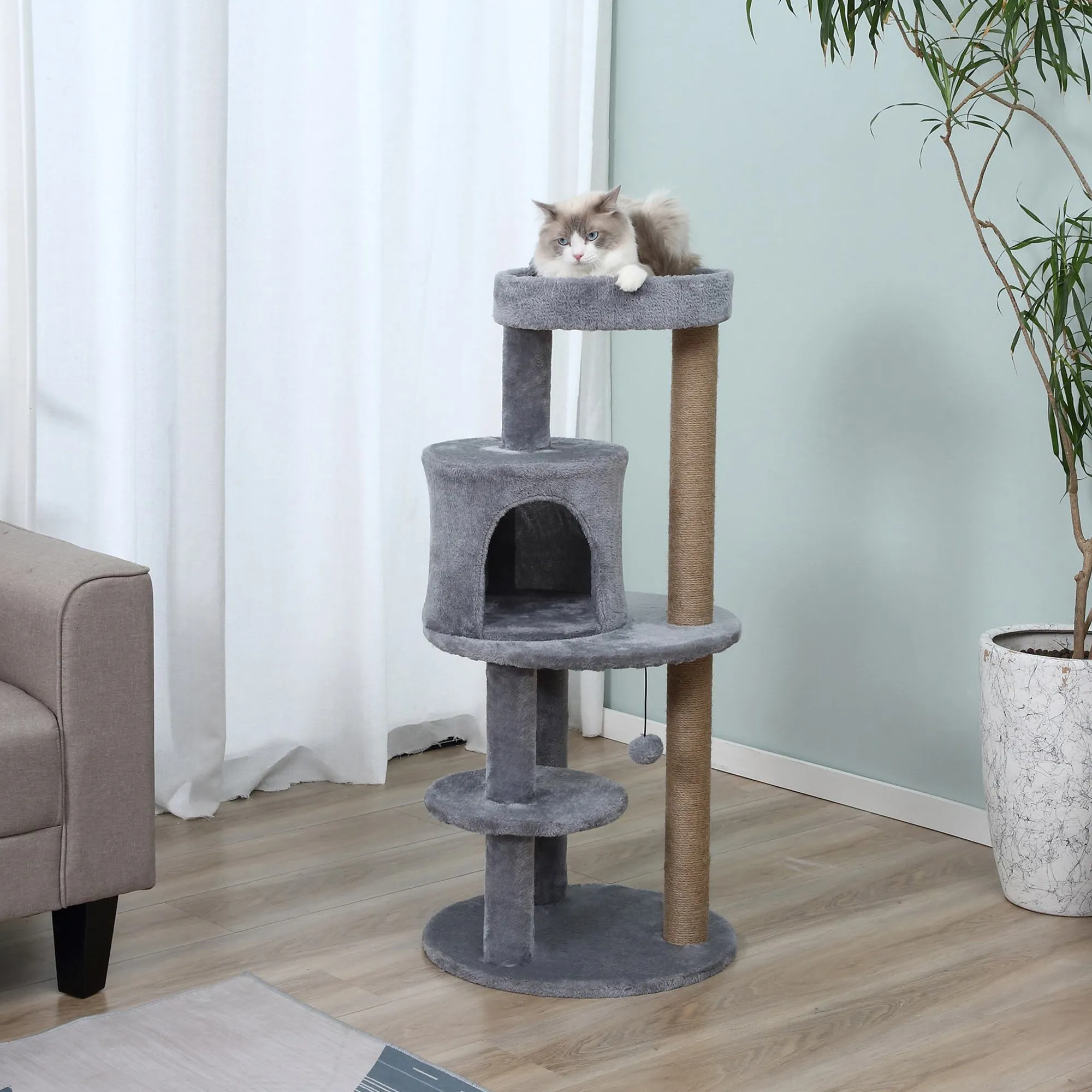 3-Tier 104 cm Cat Tree Cat Condo Tree Tower Deluxe Cat Activity TreeWith Scratching Posts Play Ball Plush Fun Toy Relax Climb Grey