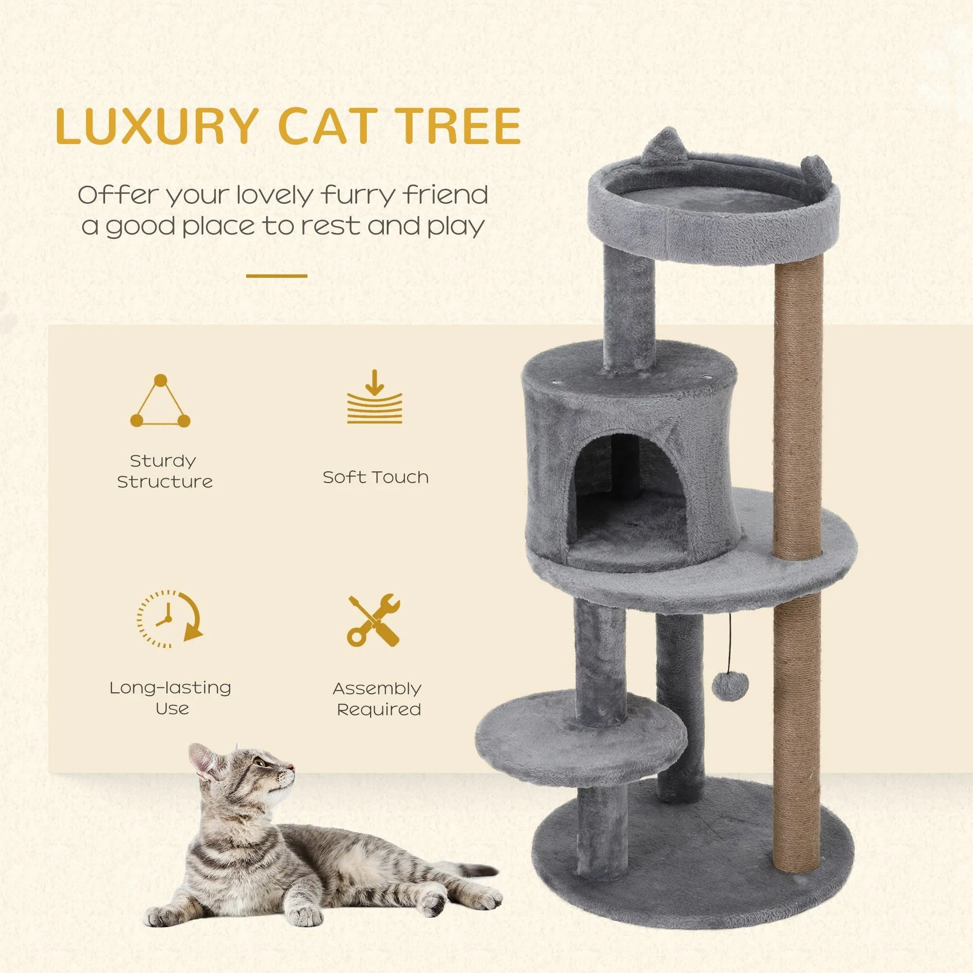 3-Tier 104 cm Cat Tree Cat Condo Tree Tower Deluxe Cat Activity TreeWith Scratching Posts Play Ball Plush Fun Toy Relax Climb Grey