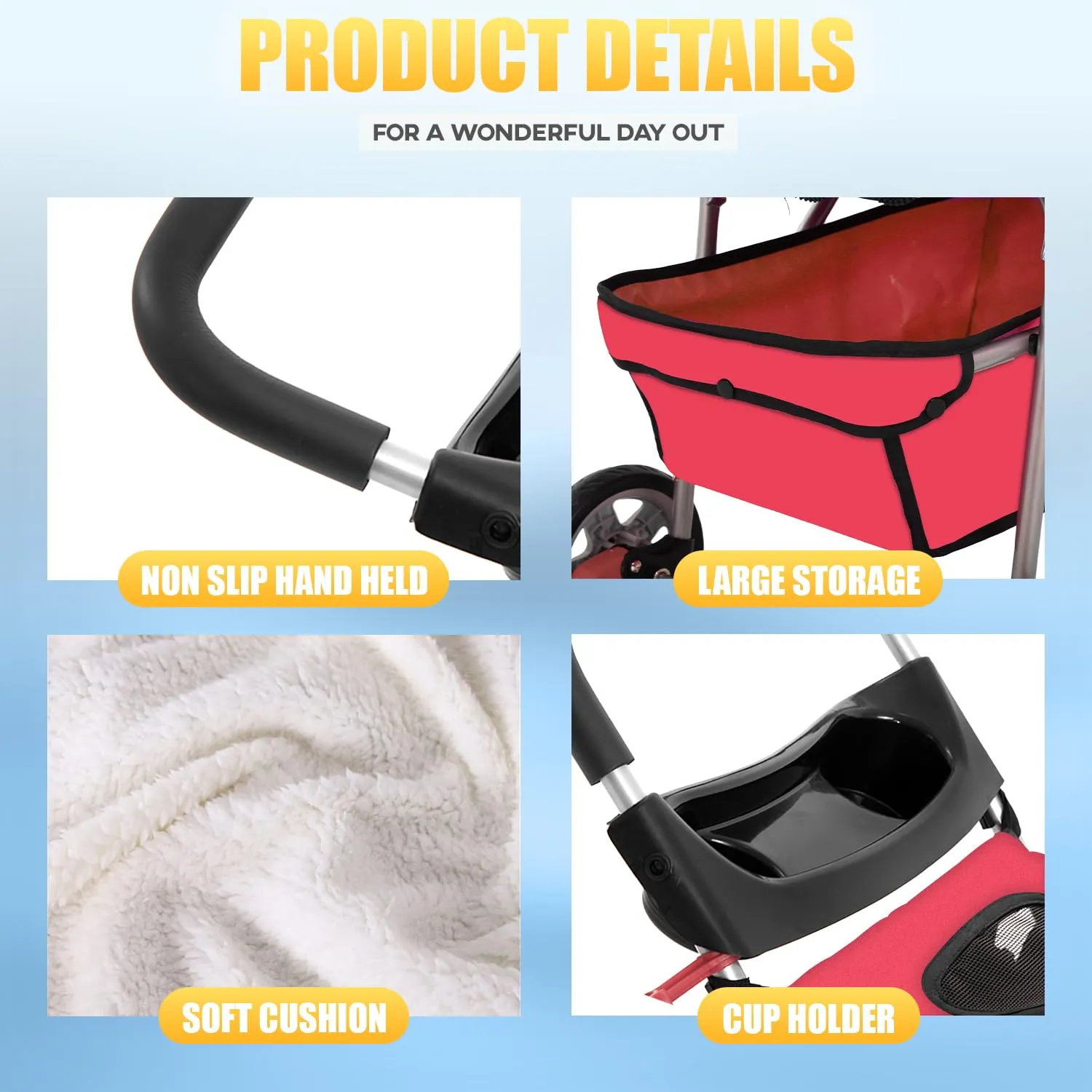 4 Wheels Pet Stroller Cat Dog Cart Stroller Travel Folding Carrier with Cup Holders and Removable Liner for Small-Medium Dog, Cat (Red)