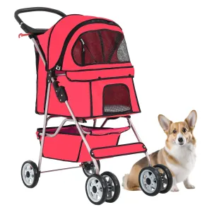 4 Wheels Pet Stroller Cat Dog Cart Stroller Travel Folding Carrier with Cup Holders and Removable Liner for Small-Medium Dog, Cat (Red)