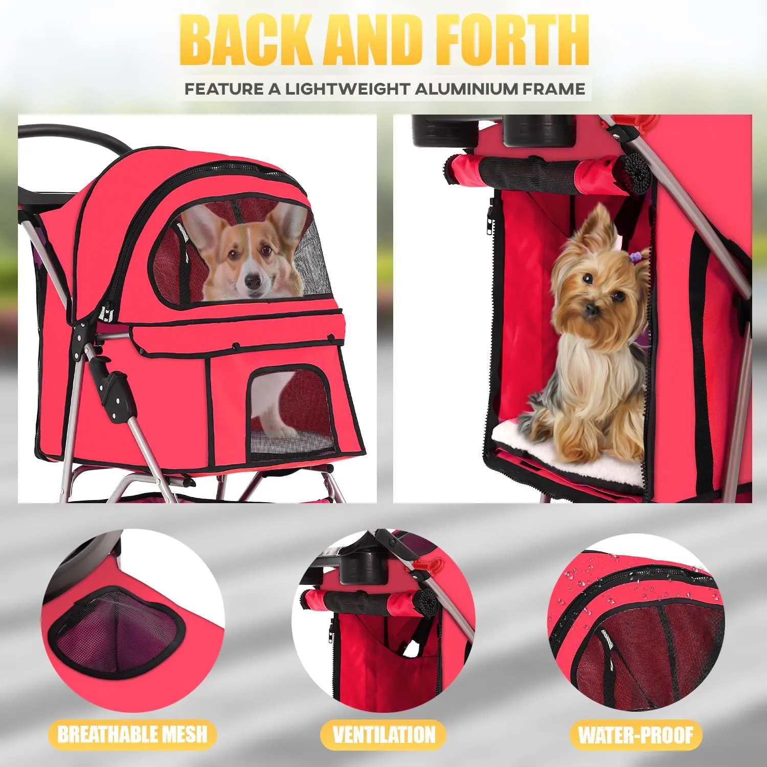 4 Wheels Pet Stroller Cat Dog Cart Stroller Travel Folding Carrier with Cup Holders and Removable Liner for Small-Medium Dog, Cat (Red)