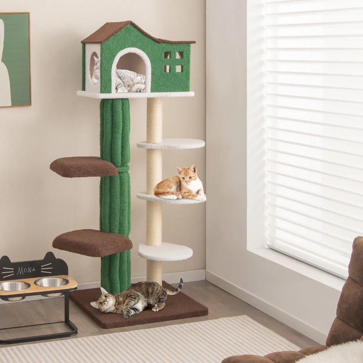 7-Tier Modern Cat Tree Tower with Sisal Scratching Posts-Green