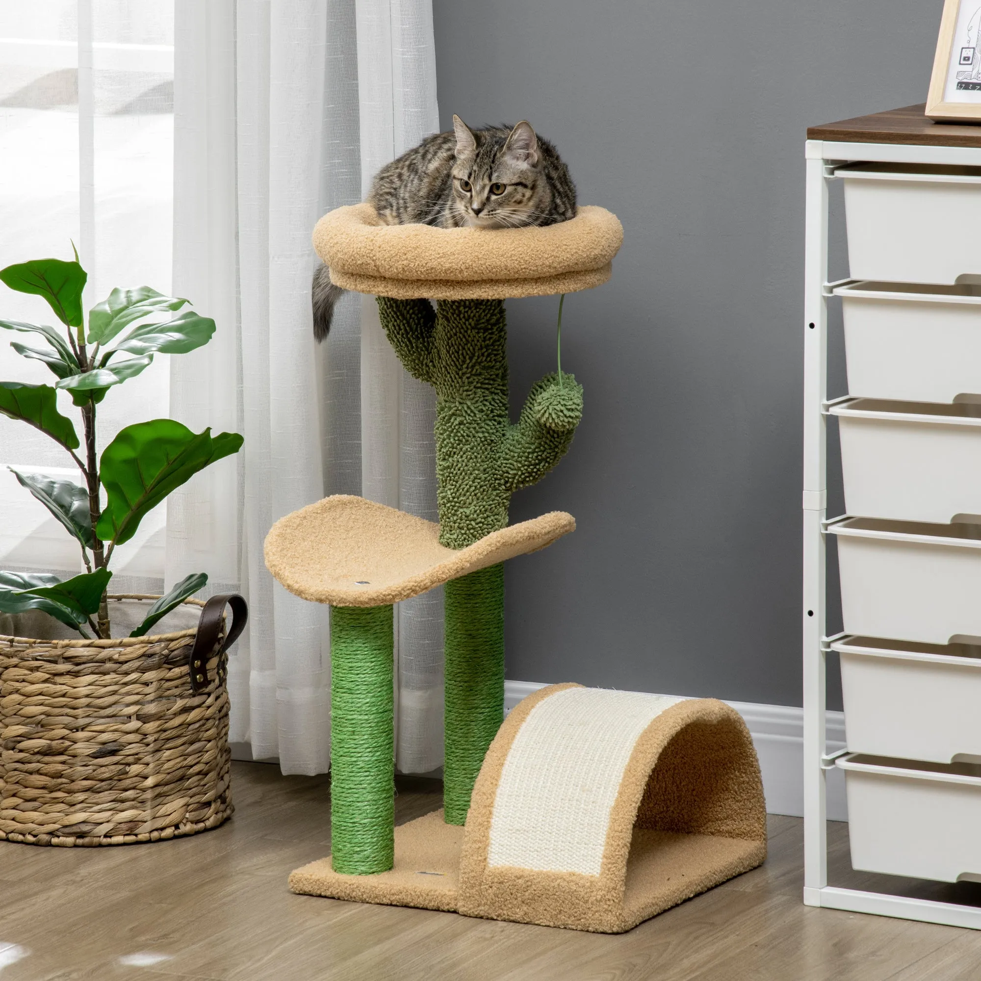 72cm Cat Tree Kitty Activity Center Wooden Cat Climbing Toy Cat Tower with Bed Ball Toy Sisal Scratching Post Curved Pad Yellow