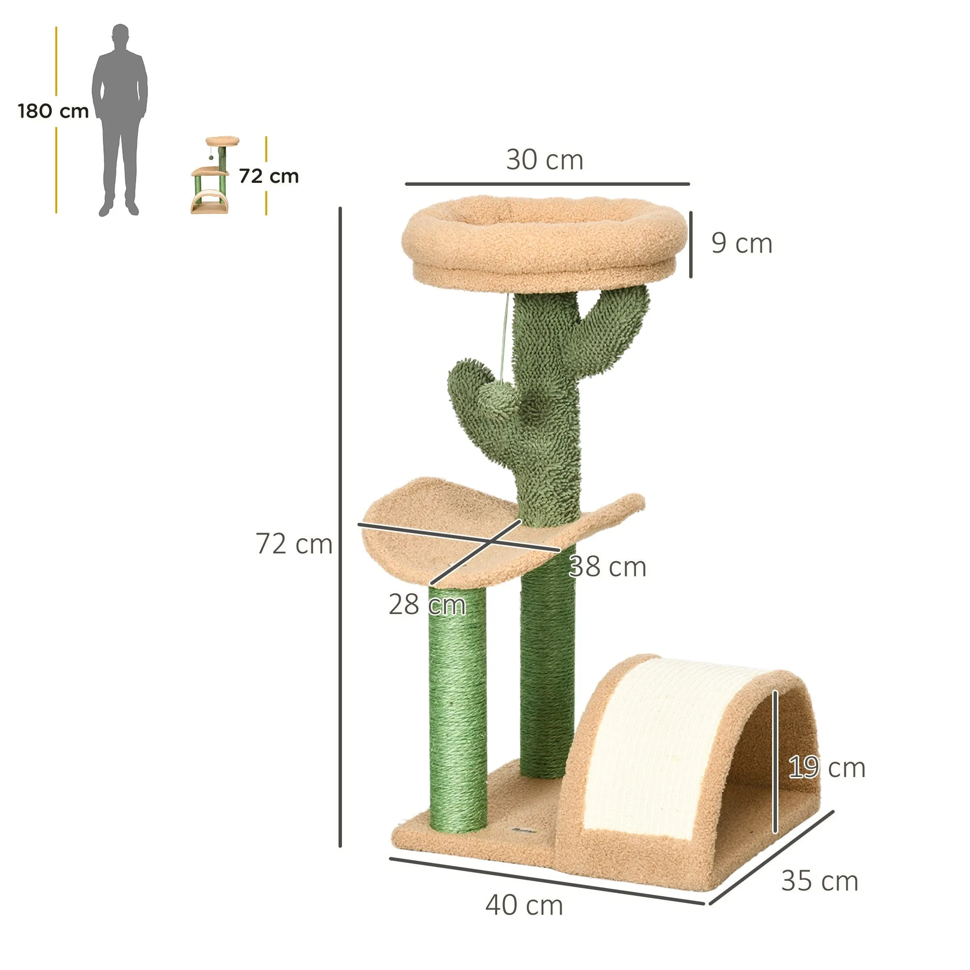 72cm Cat Tree Kitty Activity Center Wooden Cat Climbing Toy Cat Tower with Bed Ball Toy Sisal Scratching Post Curved Pad Yellow