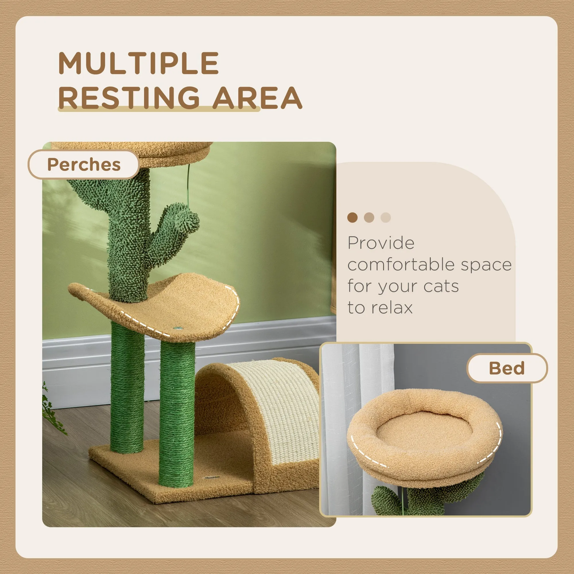72cm Cat Tree Kitty Activity Center Wooden Cat Climbing Toy Cat Tower with Bed Ball Toy Sisal Scratching Post Curved Pad Yellow