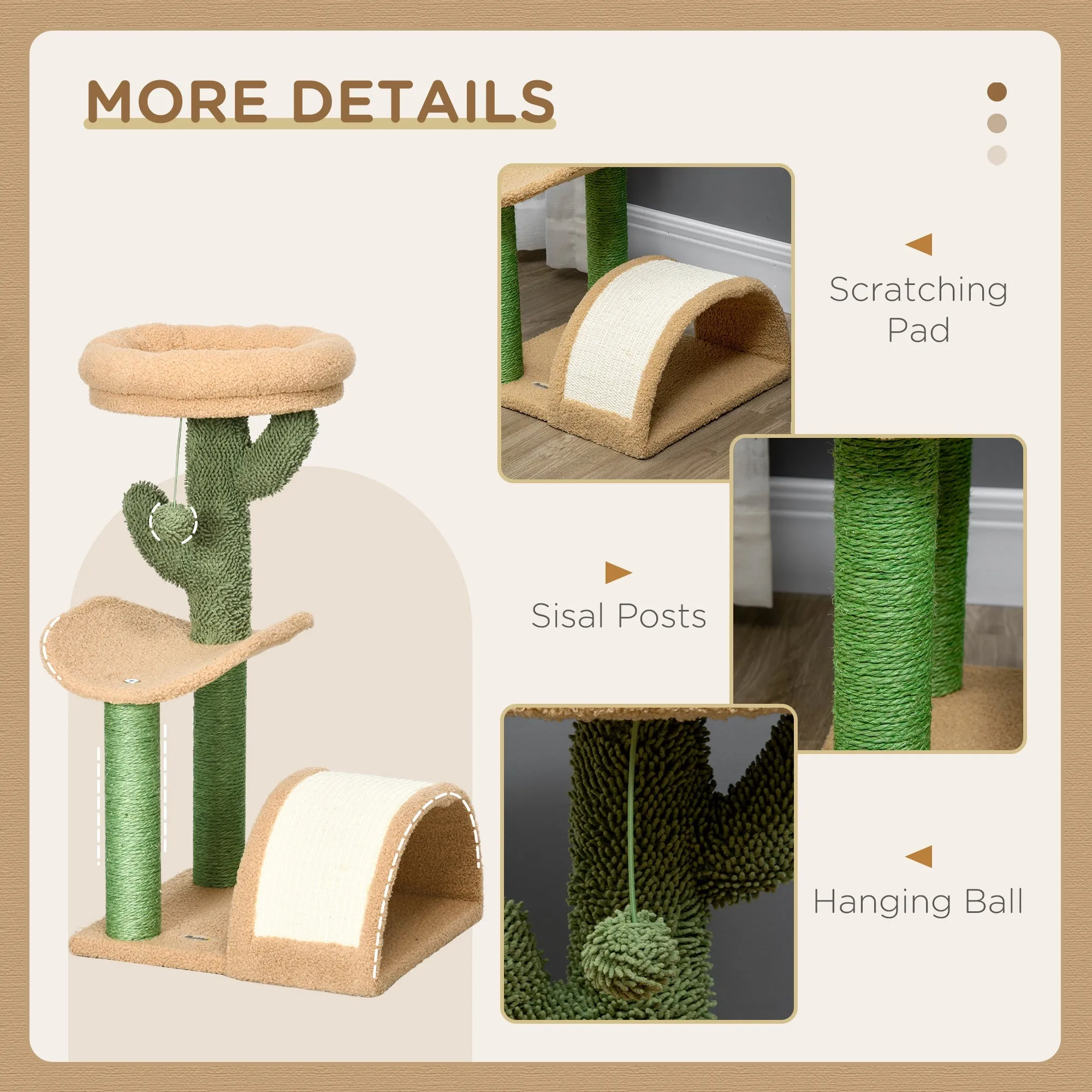 72cm Cat Tree Kitty Activity Center Wooden Cat Climbing Toy Cat Tower with Bed Ball Toy Sisal Scratching Post Curved Pad Yellow