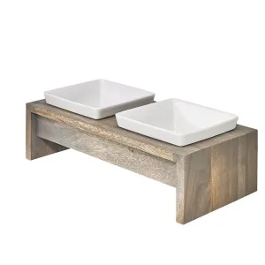 Artisan Double Bowl Dog Feeder With Wood Stand - Fossil