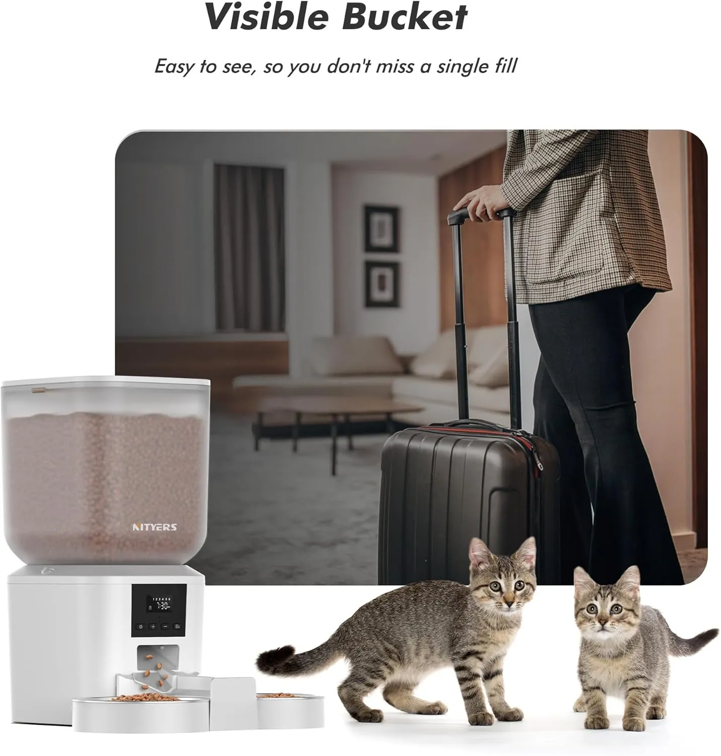 Automatic Cat Feeder for 2 Cats - 8L/34 Cups Large Capacity Auto Food Dispenser with LCD Screen, 2 Food Trays, Timed Cat Feeder, Up to 50 Portions 6 Meals Per Day, Keep Fresh, White
