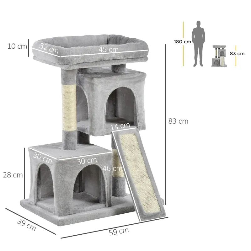 Cat Tree with Sisal Poles, Bed and 2 Houses, 59x39x83cm, Grey