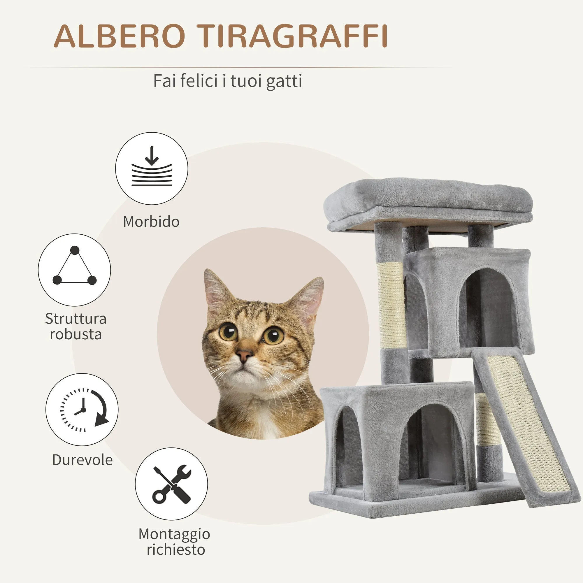 Cat Tree with Sisal Poles, Bed and 2 Houses, 59x39x83cm, Grey