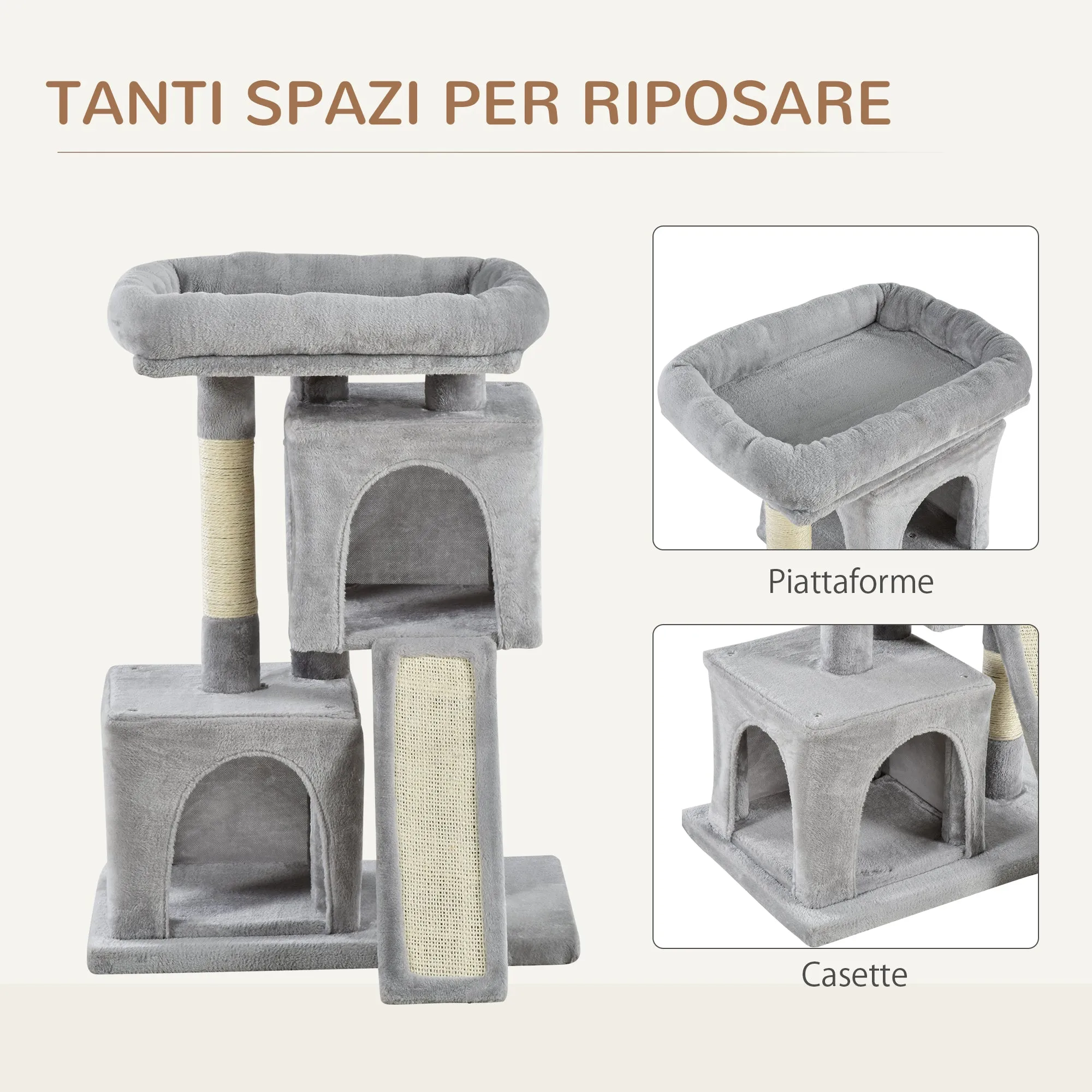 Cat Tree with Sisal Poles, Bed and 2 Houses, 59x39x83cm, Grey