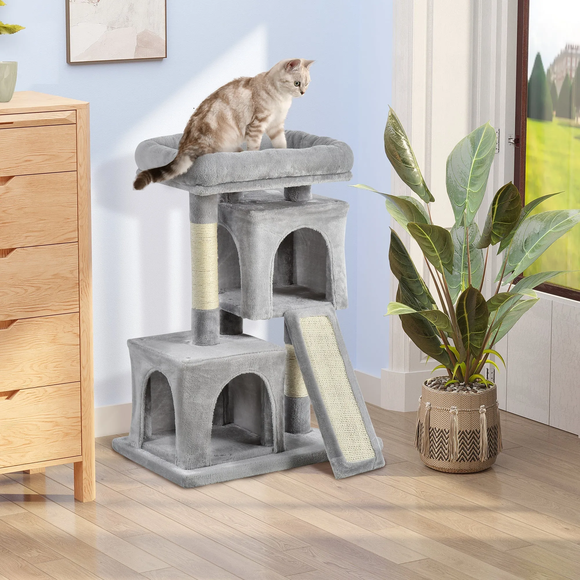 Cat Tree with Sisal Poles, Bed and 2 Houses, 59x39x83cm, Grey