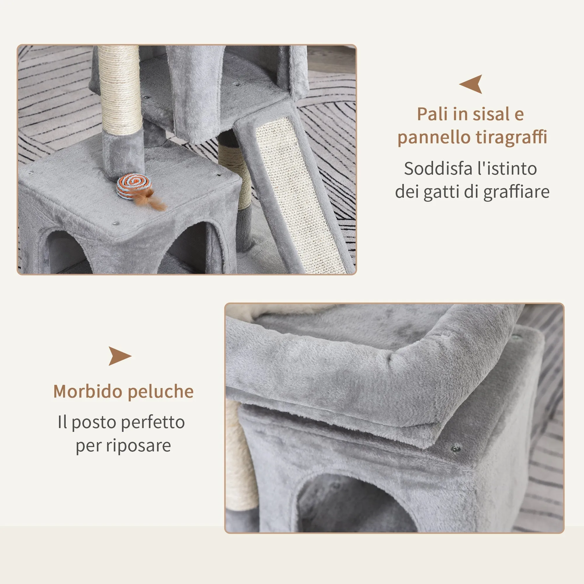 Cat Tree with Sisal Poles, Bed and 2 Houses, 59x39x83cm, Grey