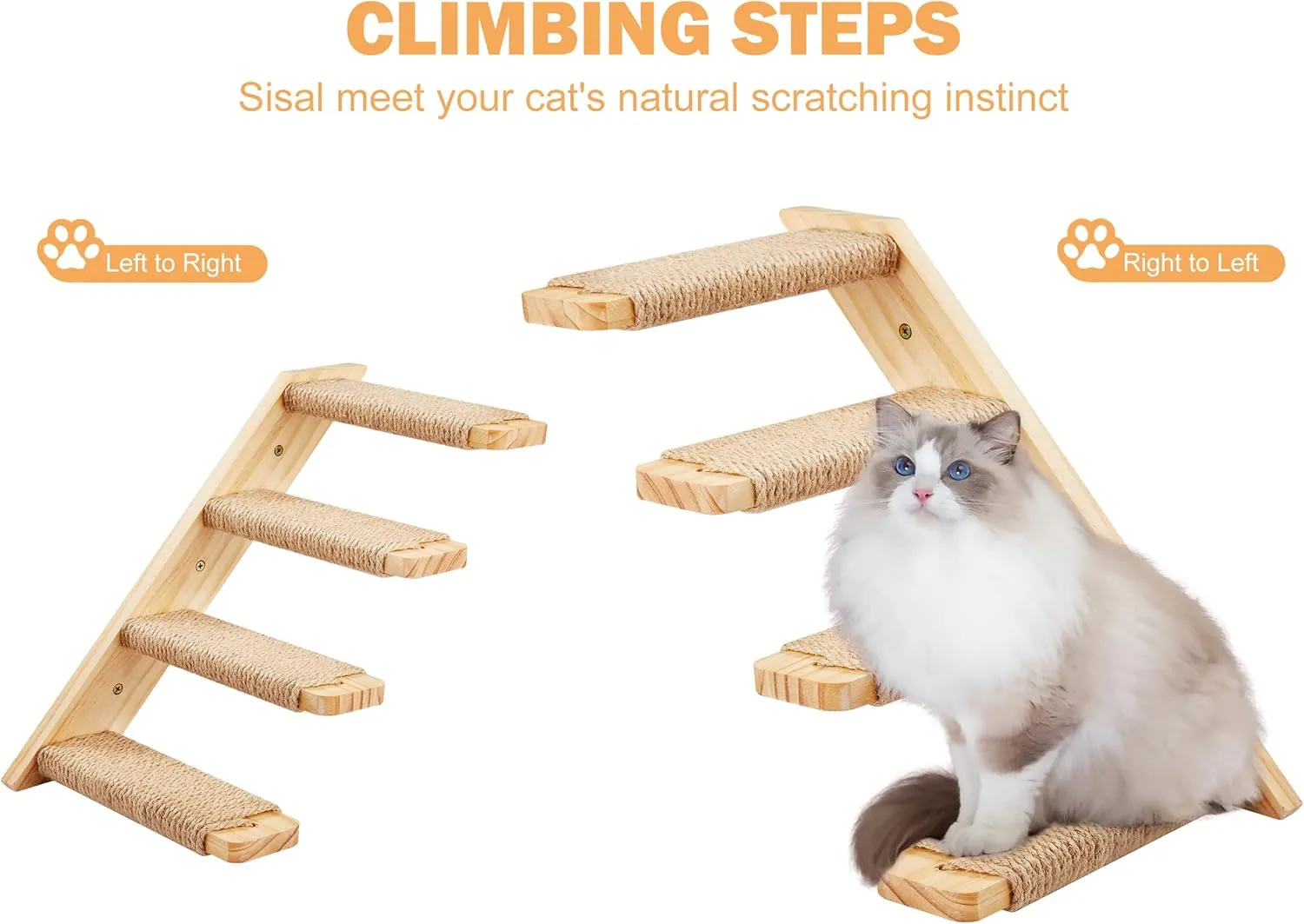 Cat Wall Steps 2-Pack, Two Step Cat Climbing Shelves, Wall-Mounted Reversible Cat Stairway with Durable Sisal Scratching Rope, Ideal for Cats' Perching, Climbing, and Playing Furniture