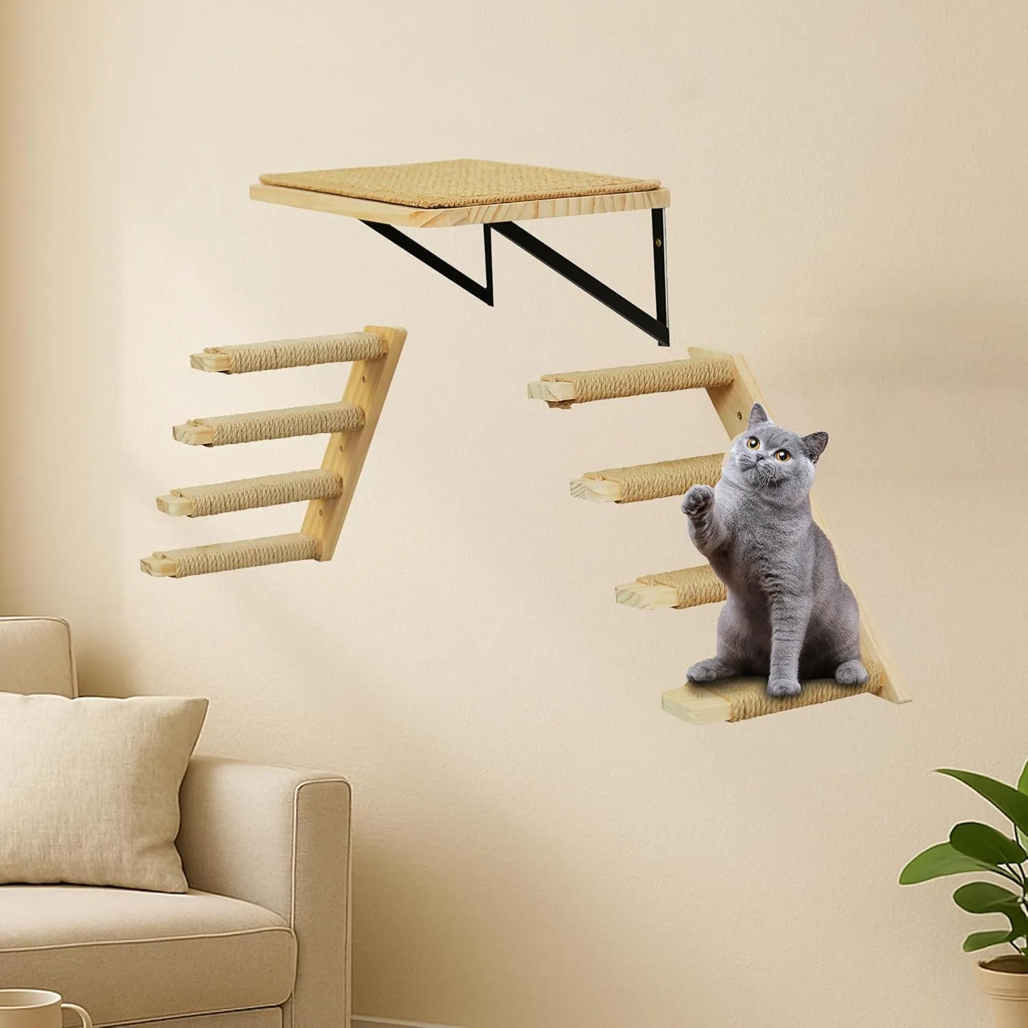 Cat Wall Steps 2-Pack, Two Step Cat Climbing Shelves, Wall-Mounted Reversible Cat Stairway with Durable Sisal Scratching Rope, Ideal for Cats' Perching, Climbing, and Playing Furniture