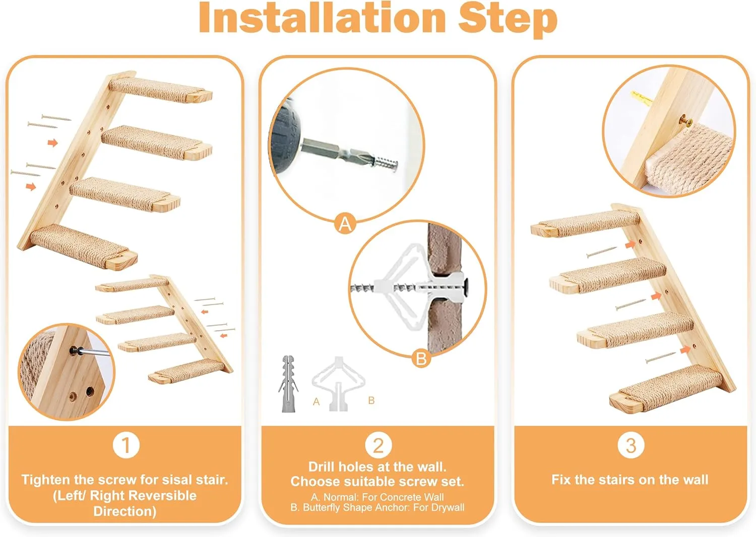 Cat Wall Steps 2-Pack, Two Step Cat Climbing Shelves, Wall-Mounted Reversible Cat Stairway with Durable Sisal Scratching Rope, Ideal for Cats' Perching, Climbing, and Playing Furniture